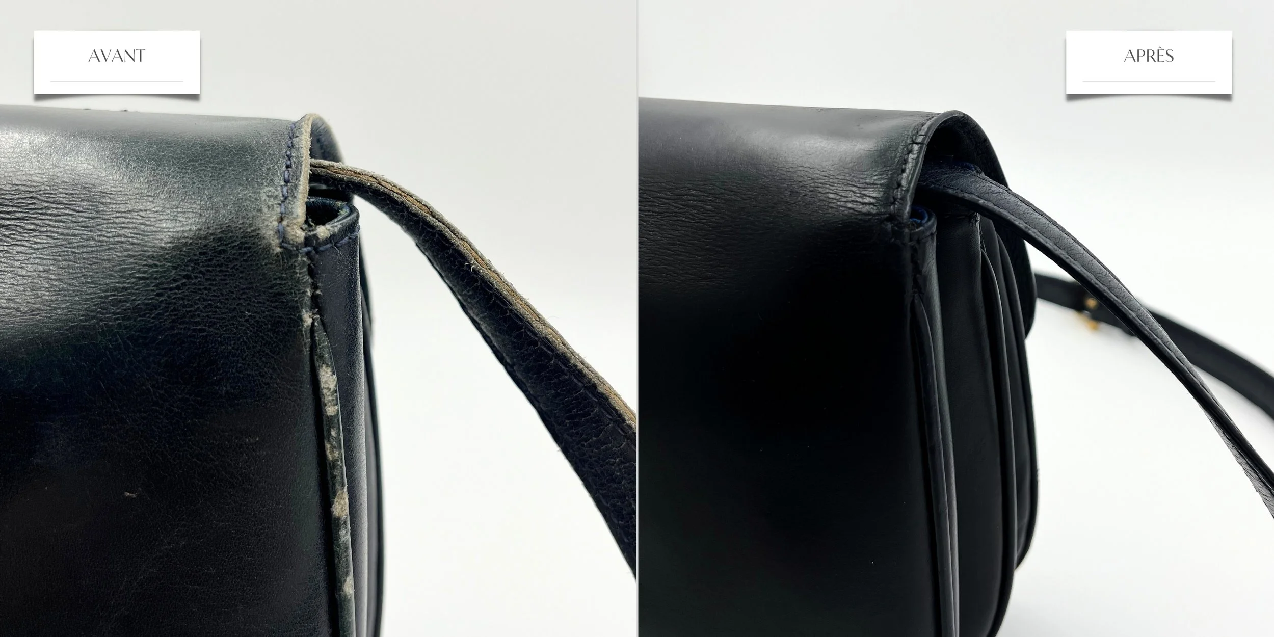 Comparaison entre un sac en cuir usé et un sac en cuir neuf, avec étiquettes 'Avant' et 'Après'.
