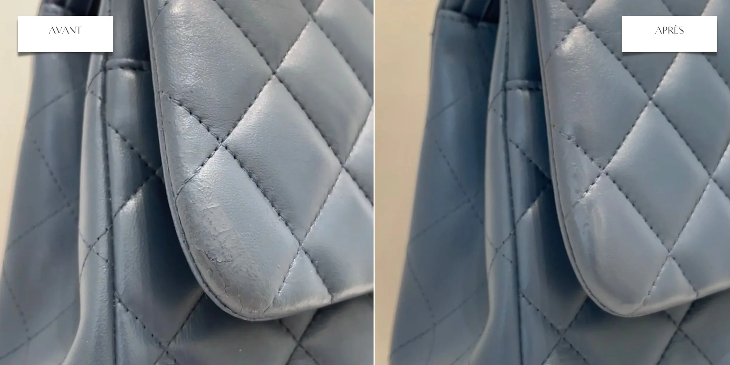 Comparaison des dommages et réparations sur un sac à main en cuir bleu, montrant un avant et un après nettoyage ou réparation.