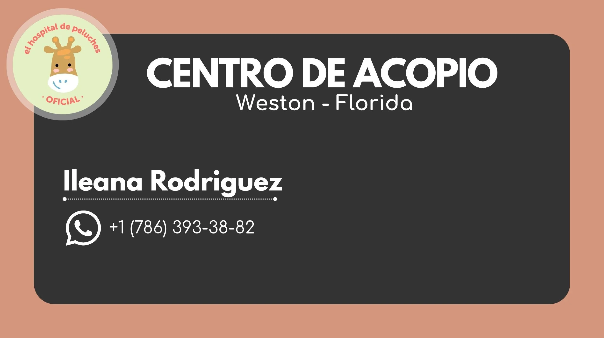 Tarjeta de contacto del centro de acopio en Weston, Florida, con nombre, número de teléfono y logo de un jirafa con cara de panda en un círculo.