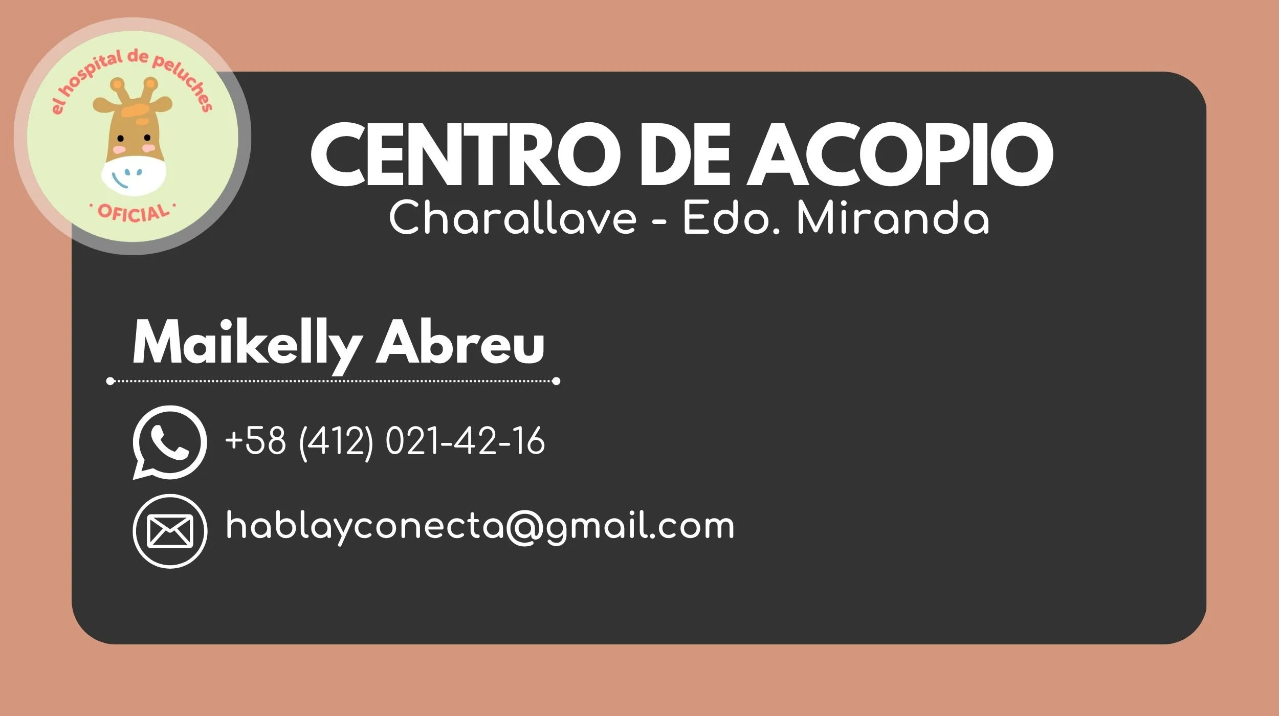 Tarjeta de contacto del centro de acopio en Charallave, Estado Miranda, con información de teléfono, WhatsApp y correo electrónico, y un logotipo en la esquina superior izquierda con una jirafa con mascarilla.