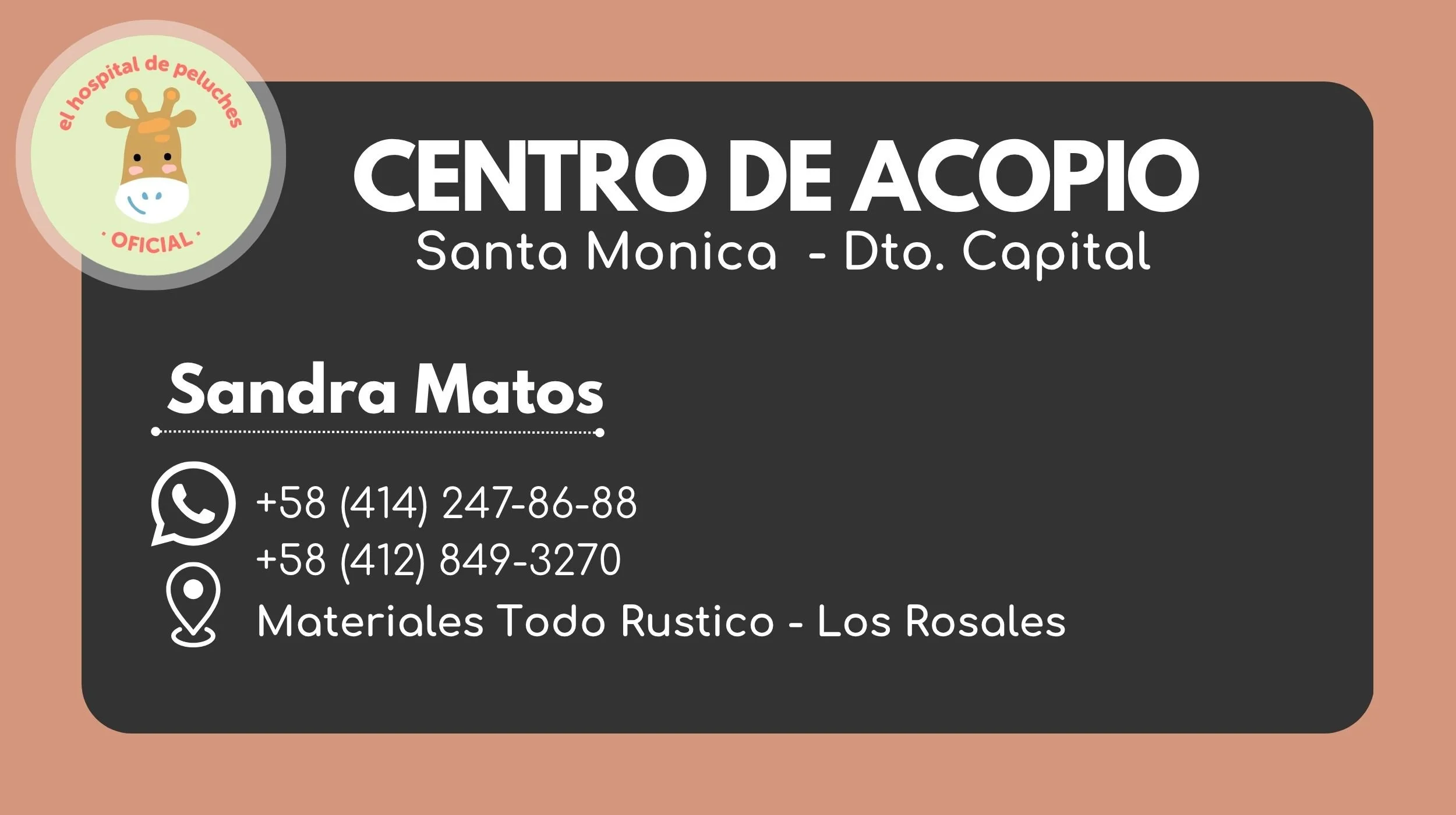 Tarjeta de contacto para el centro de acopio en Santa Monica, Distrito Capital, con número de teléfono, WhatsApp, Instagram y ubicación. Incluye logo de una jirafa y texto en español.