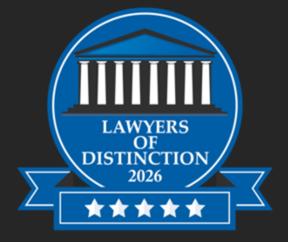 Badge with a courthouse icon, text 'Lawyers of Distinction 2026', and five stars. Given to Gregory Mauro.