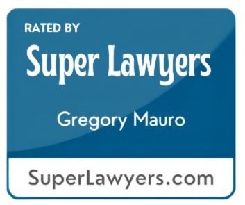 A blue sticker or badge with the text "Rated by Super Lawyers" and "Gregory Mauro," and the website "SuperLawyers.com."