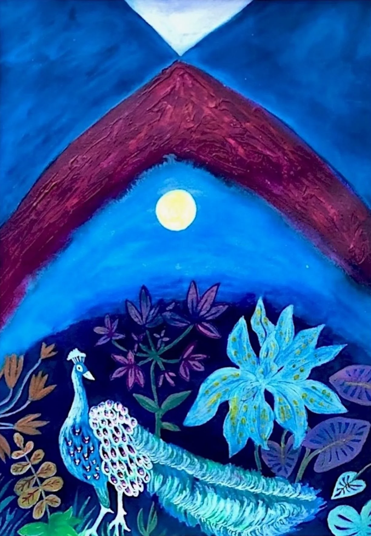 Peacock Parade, watercolor & oil on paper, 14”x10"