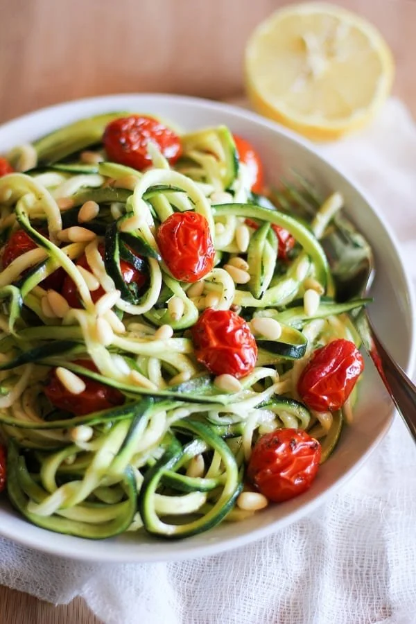 Lemon-Garlic Zucchini Noodles with Roasted Tomatoes