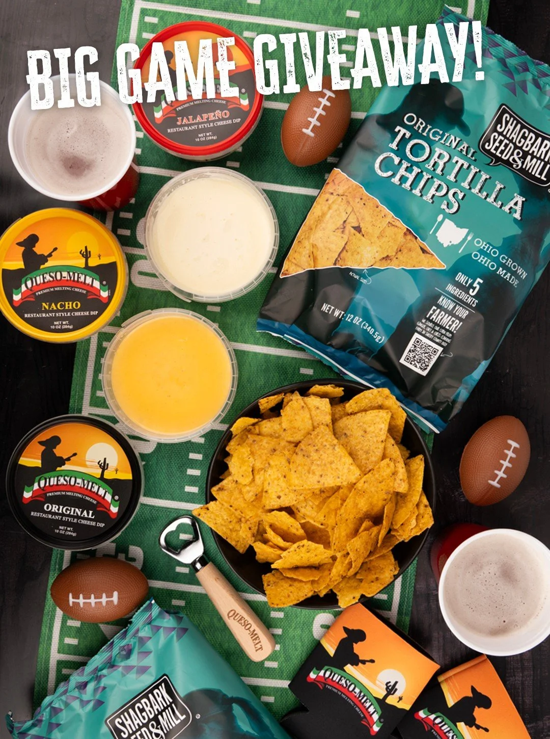 Ultimate Super Bowl Party Giveaway! 🏈 We're teaming up to score you the ultimate game-day snack lineup: 3 bags of Shagbark Seed &amp; Mill Corn Tortilla Chips + 1 tub each of Queso-Melt Original Queso, Jalape&ntilde;o Queso, and Nacho Cheese Dip.

H