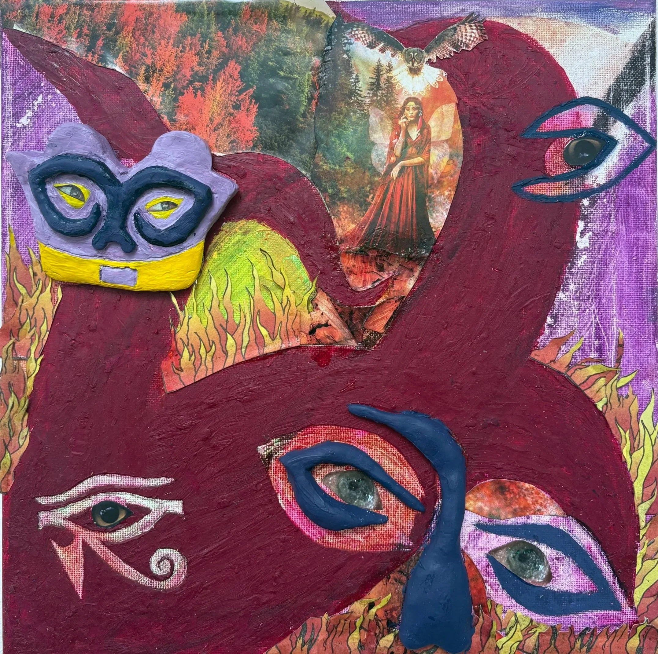 Oil stick, collage, clay, acrylic on canvas 2025