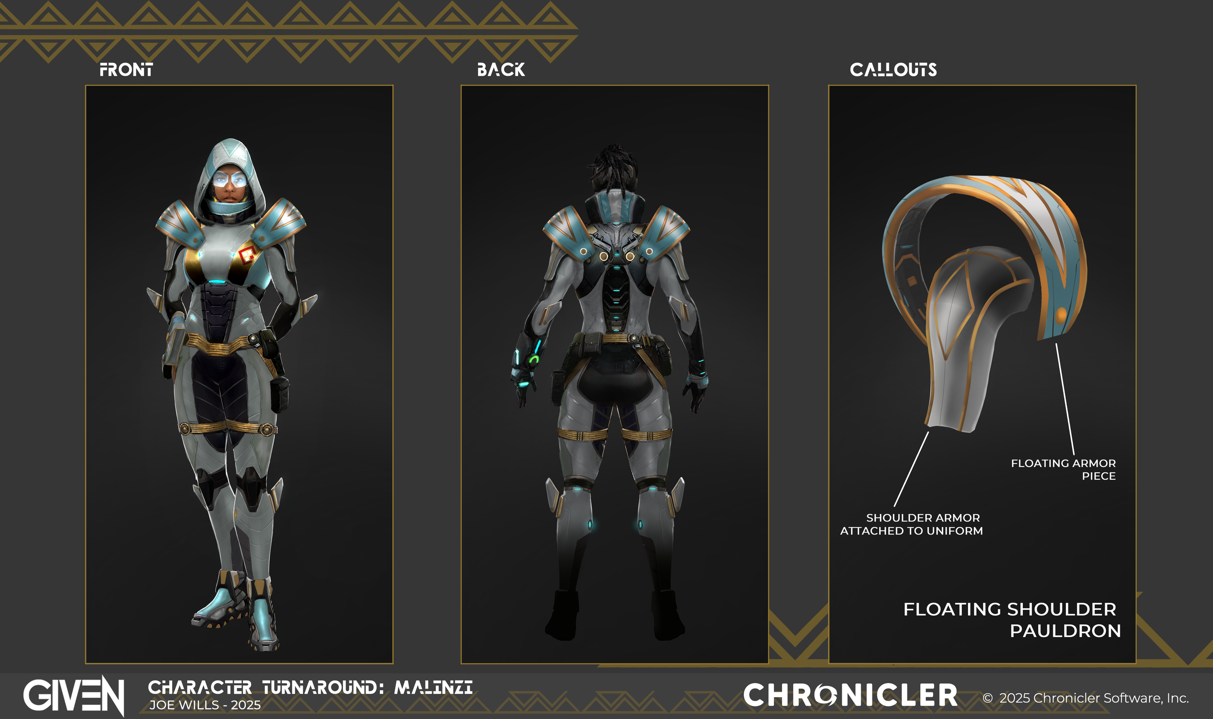 A character customization screen displaying a futuristic armored character in various views and accessories, including shoulder armor, floating armor piece, and floating shoulder pauldrons.