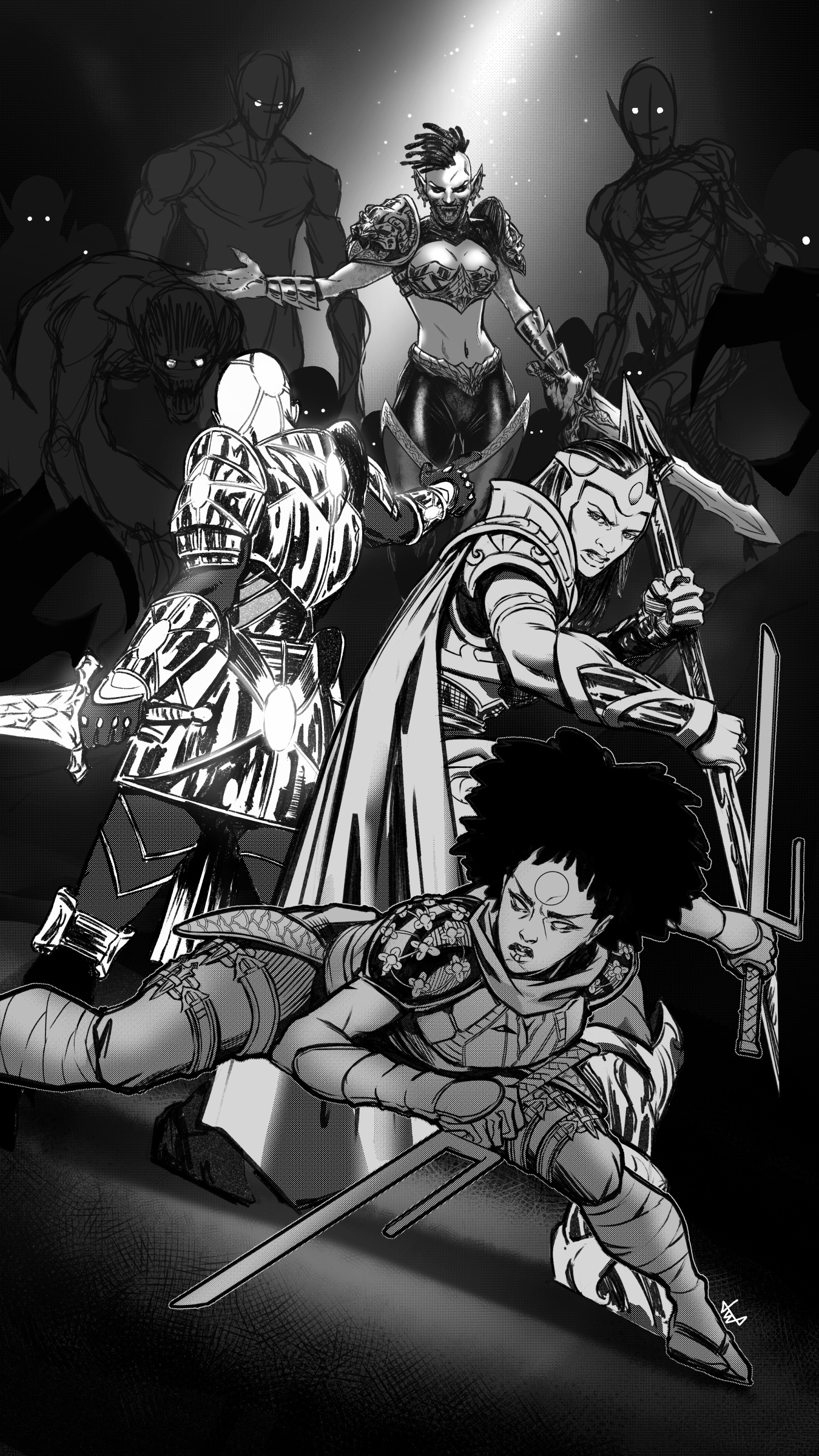 A black and white illustration of five diverse fantasy characters, including a warrior with a sword, an elven archer, a female fighter with a spear, a muscular armored figure, and a sinister woman with a mischievous expression, in a dark fantasy sett