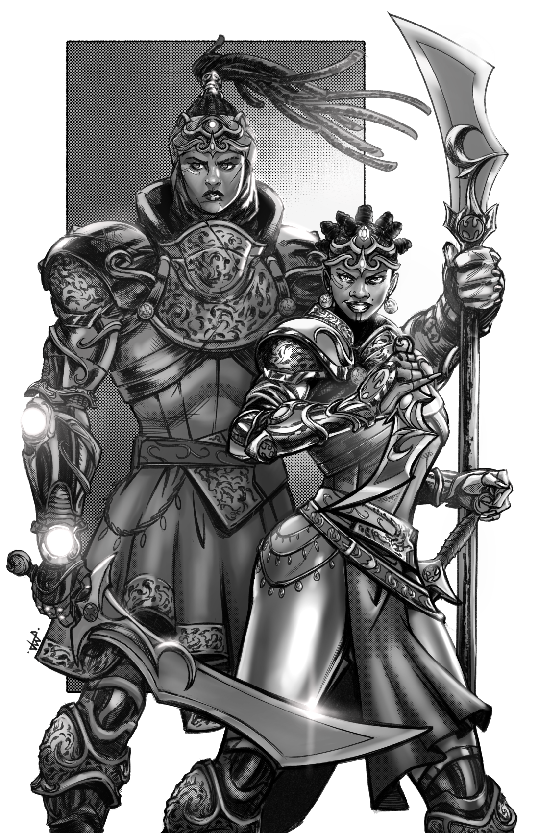 Two women in ornate armor, one holding a large, curved sword, both with determined expressions, depicted in black and white comic style.