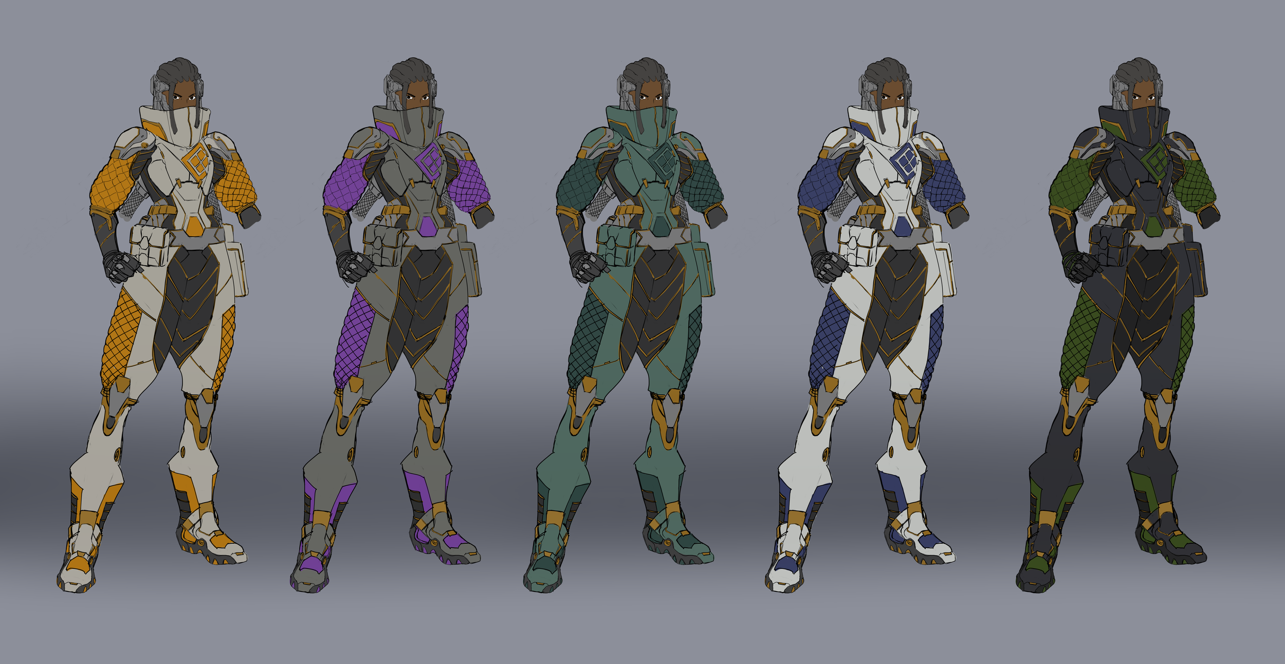 Digital illustration of a futuristic soldier in armor, depicted in five color variations, standing against a gray background.