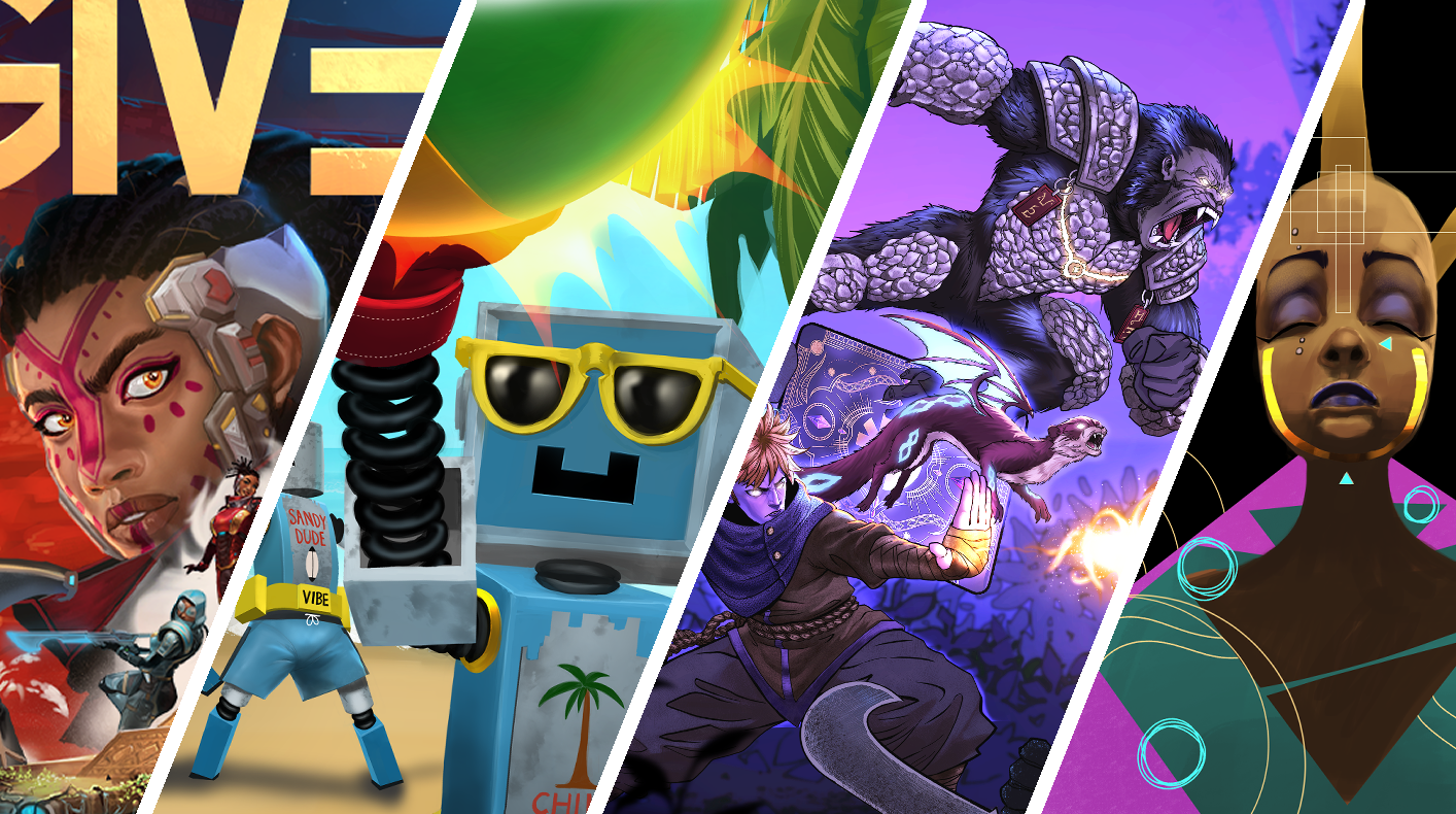 Collage of digital art characters from various video games and animations, including a sci-fi female warrior, a colorful abstract character with a helmet, a cartoonish robot with sunglasses, a fantasy warrior, a gorilla with armor, and a stylized human with closed eyes and glowing patterns.
