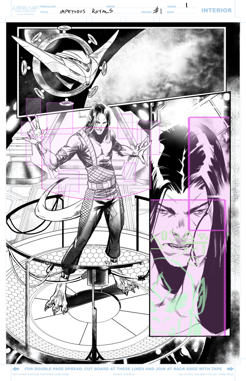 Black and white comic book illustration featuring a female humanoid with cat-like features standing on a circular platform with a futuristic spaceship flying overhead in space, and a large screen displaying a woman's face with intense expression and 