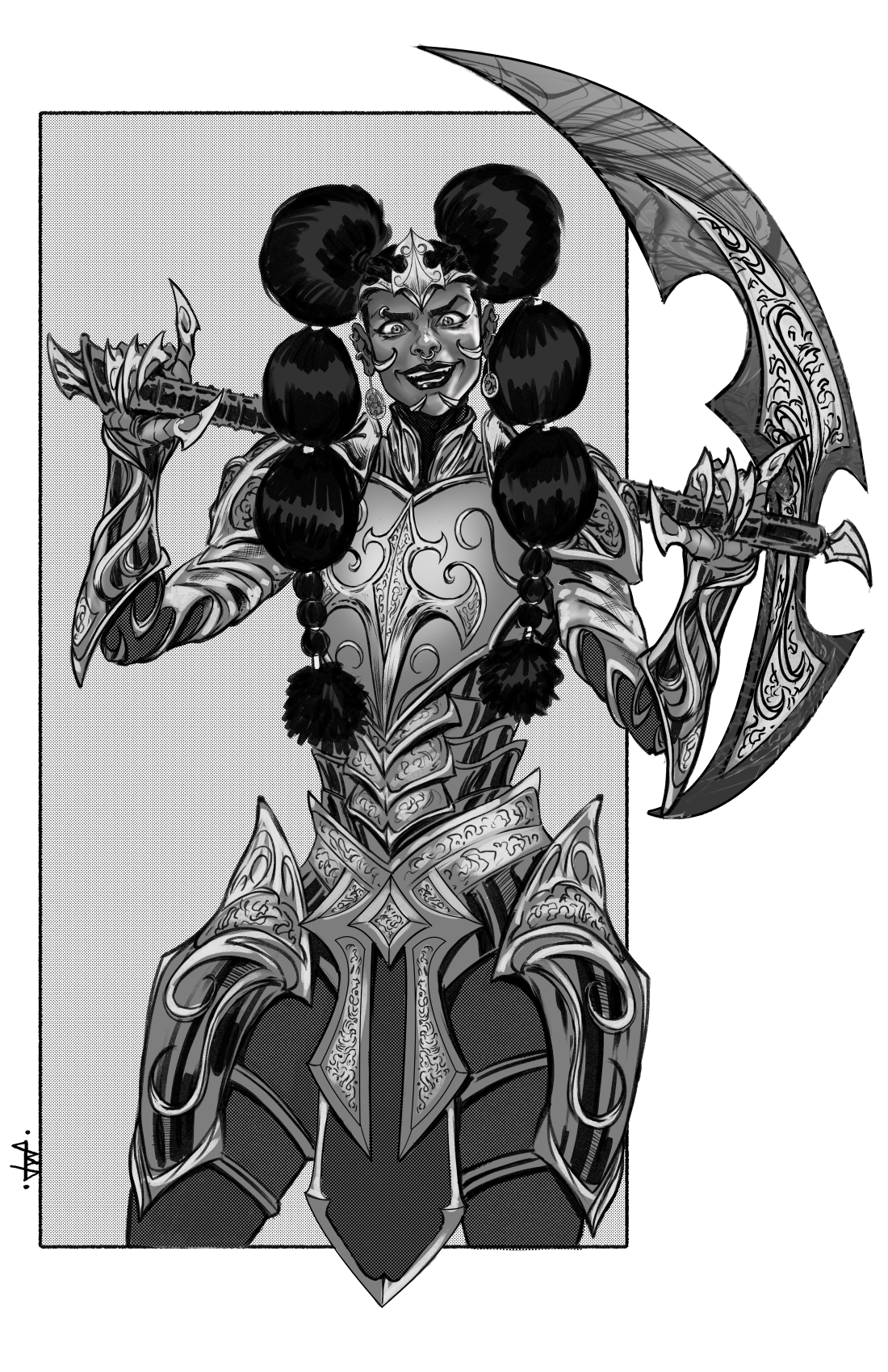 A black and white illustration of a female warrior in ornate armor holding a large, elaborately decorated axe.