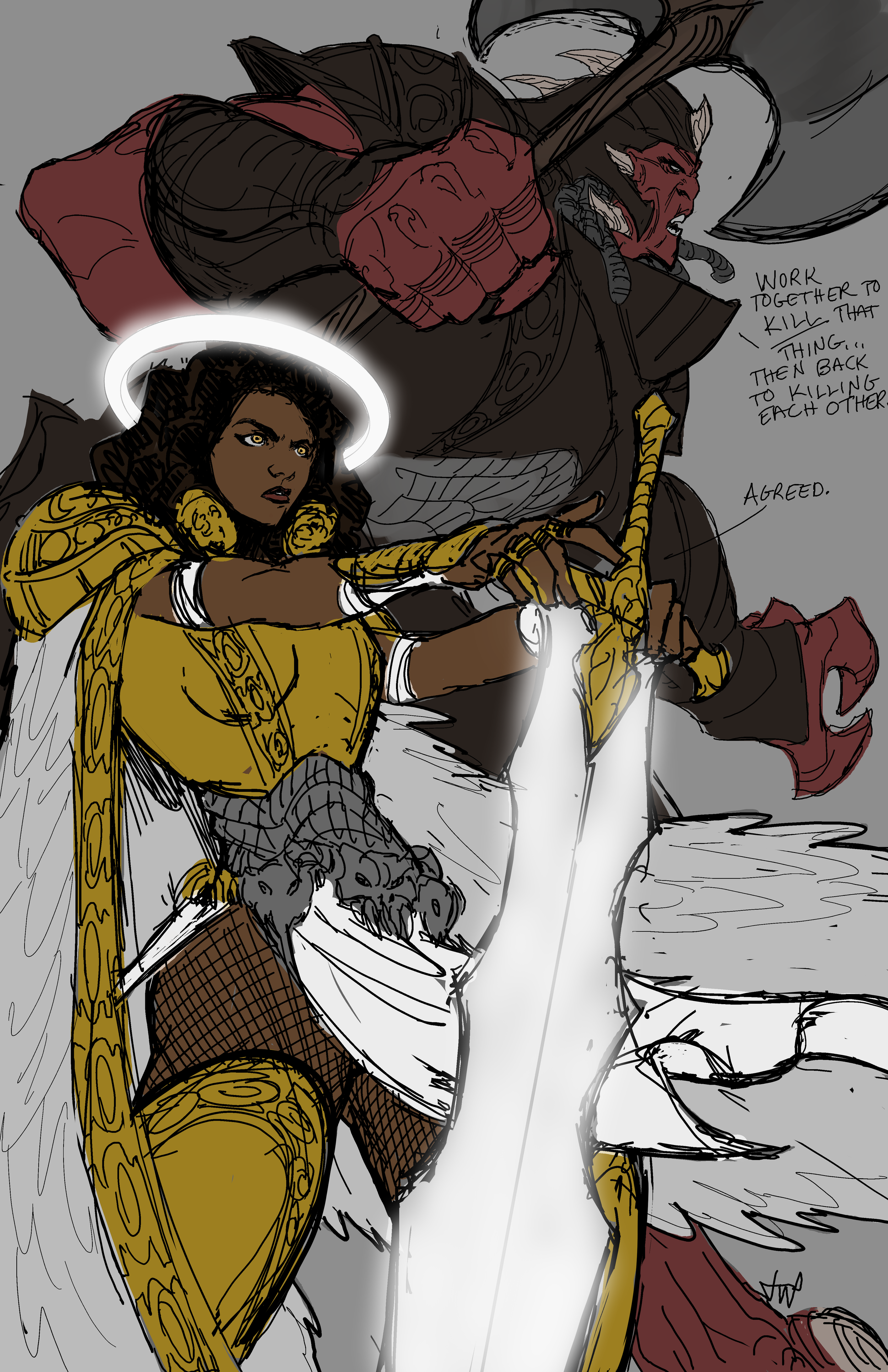 A fantasy scene featuring two characters: a woman with dark curly hair, golden armor, and a glowing halo, holding a sword; and a beast-like figure with red skin, pointed horns, and gray armor, wielding a large axe. The beast is speaking, saying, 'Wor