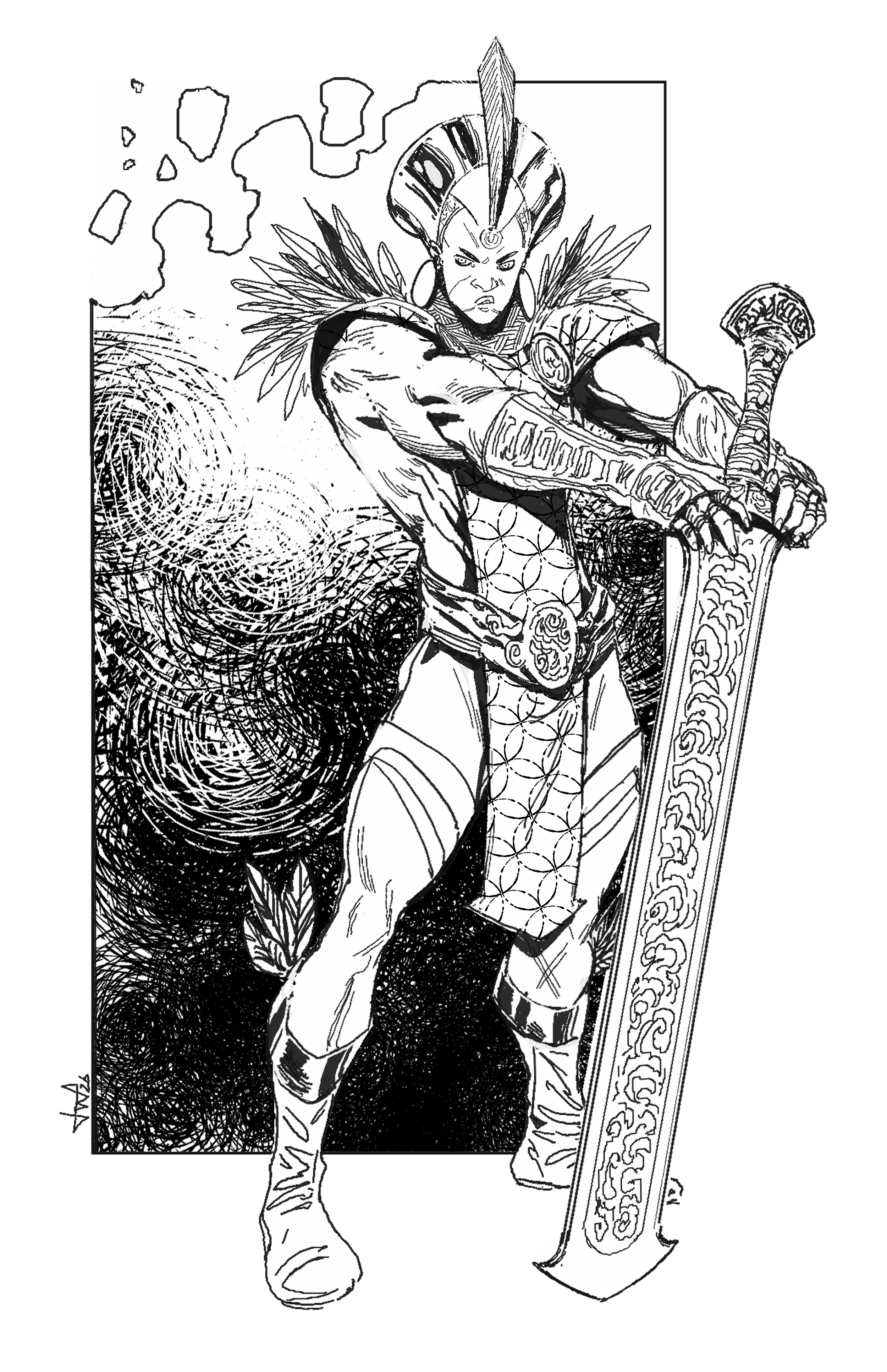 Black and white illustration of a muscular warrior wearing tribal armor and a headdress with a large feather, holding a large ornate sword.