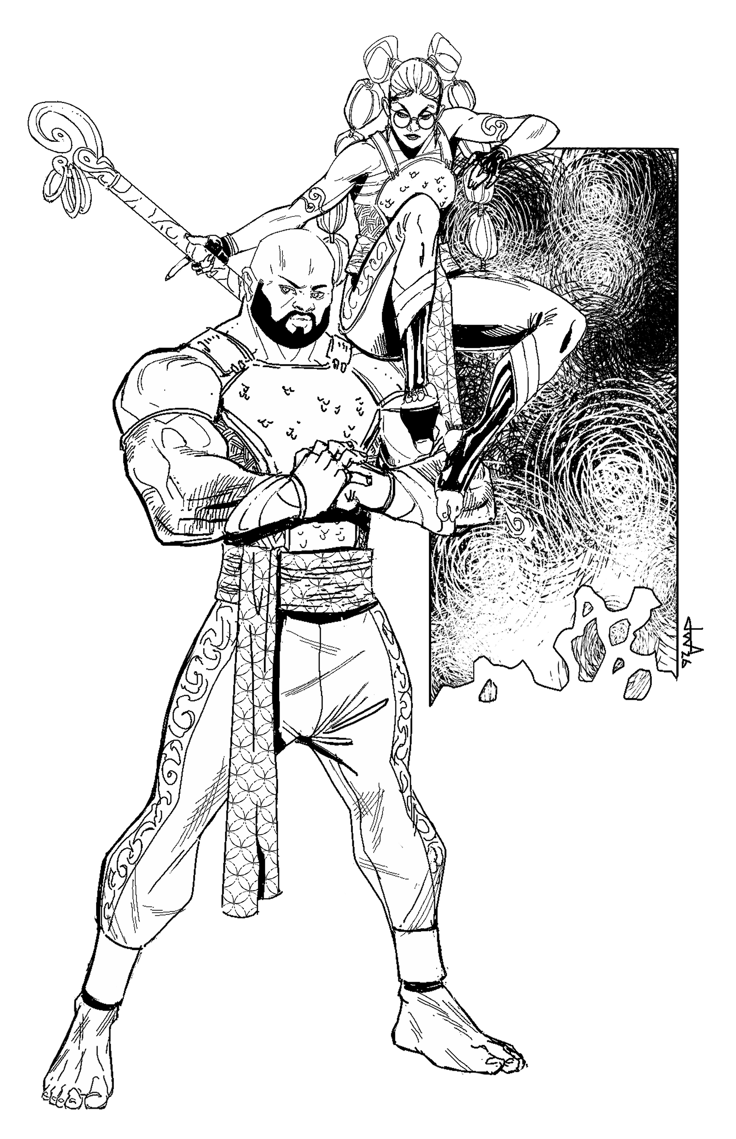 Line drawing of a fantasy warrior with a beard, muscular build, wearing traditional armor, ornate pants, and pointed creature-like feet, holding a staff in a pose with a background of swirling patterns and floating rocks.