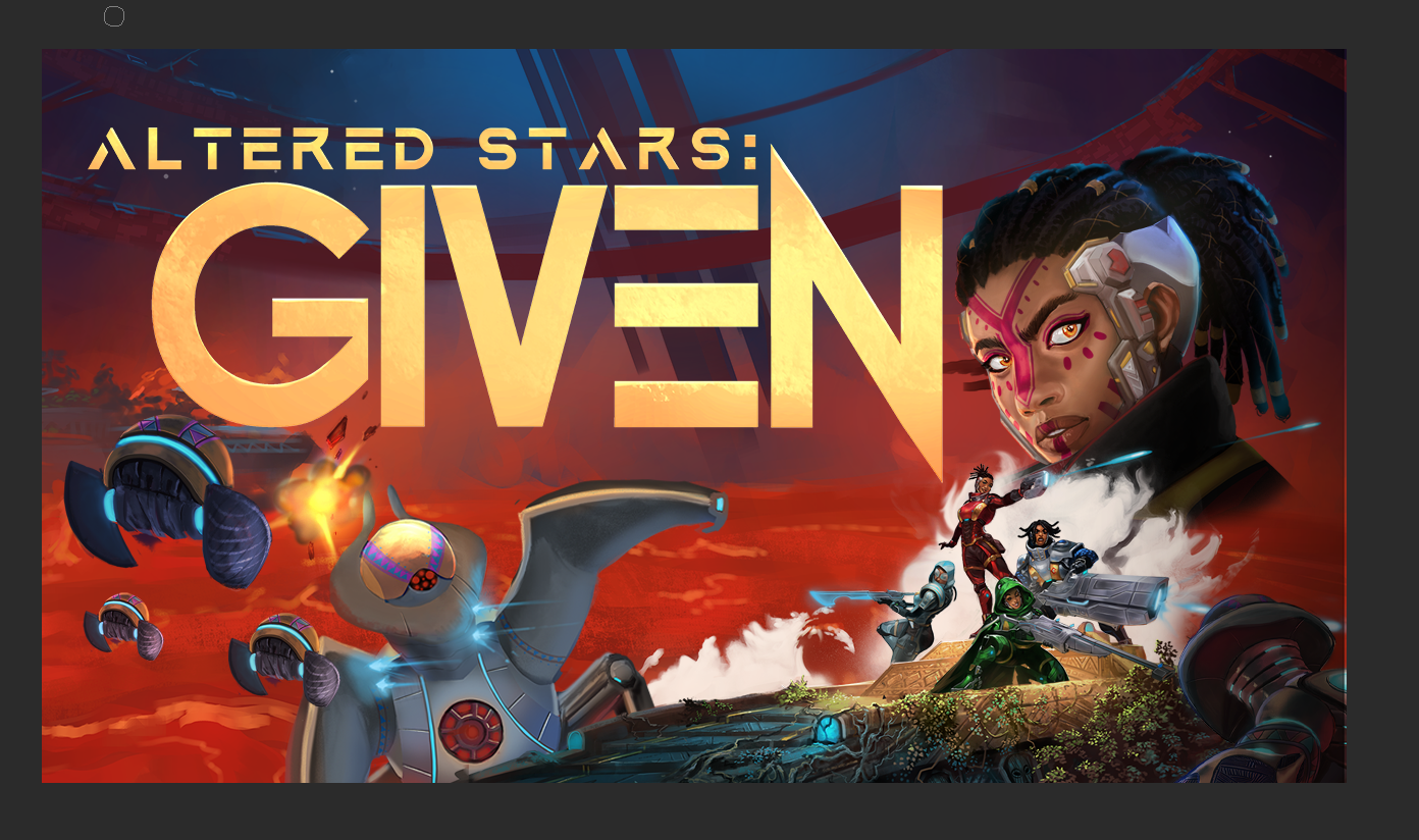 Artwork for the game 'Altered States: GiVen,' featuring a large female character with cybernetic facial enhancements, a colorful environment with robotic and futuristic elements, and a team of characters in combat-ready poses.