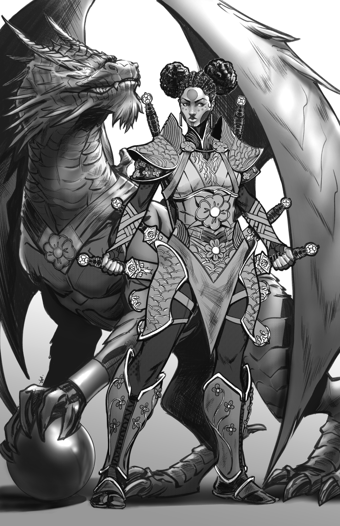 A black and white illustration of a female warrior in ornate armor holding a sword, standing in front of a large dragon with detailed scales and horns.