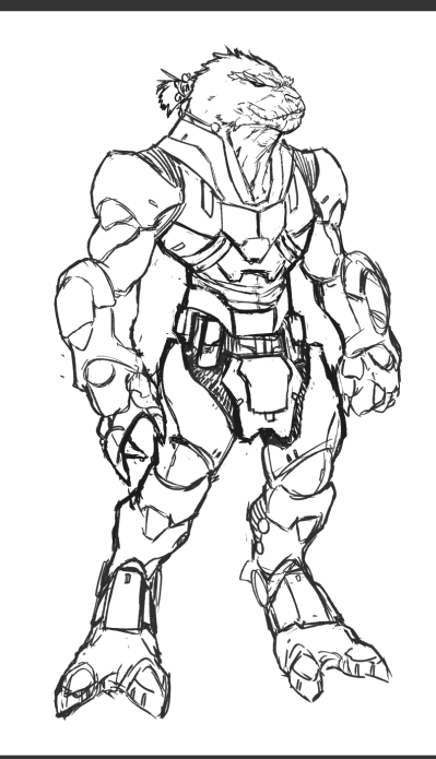 Black and white sketch of a humanoid lion in futuristic armor.
