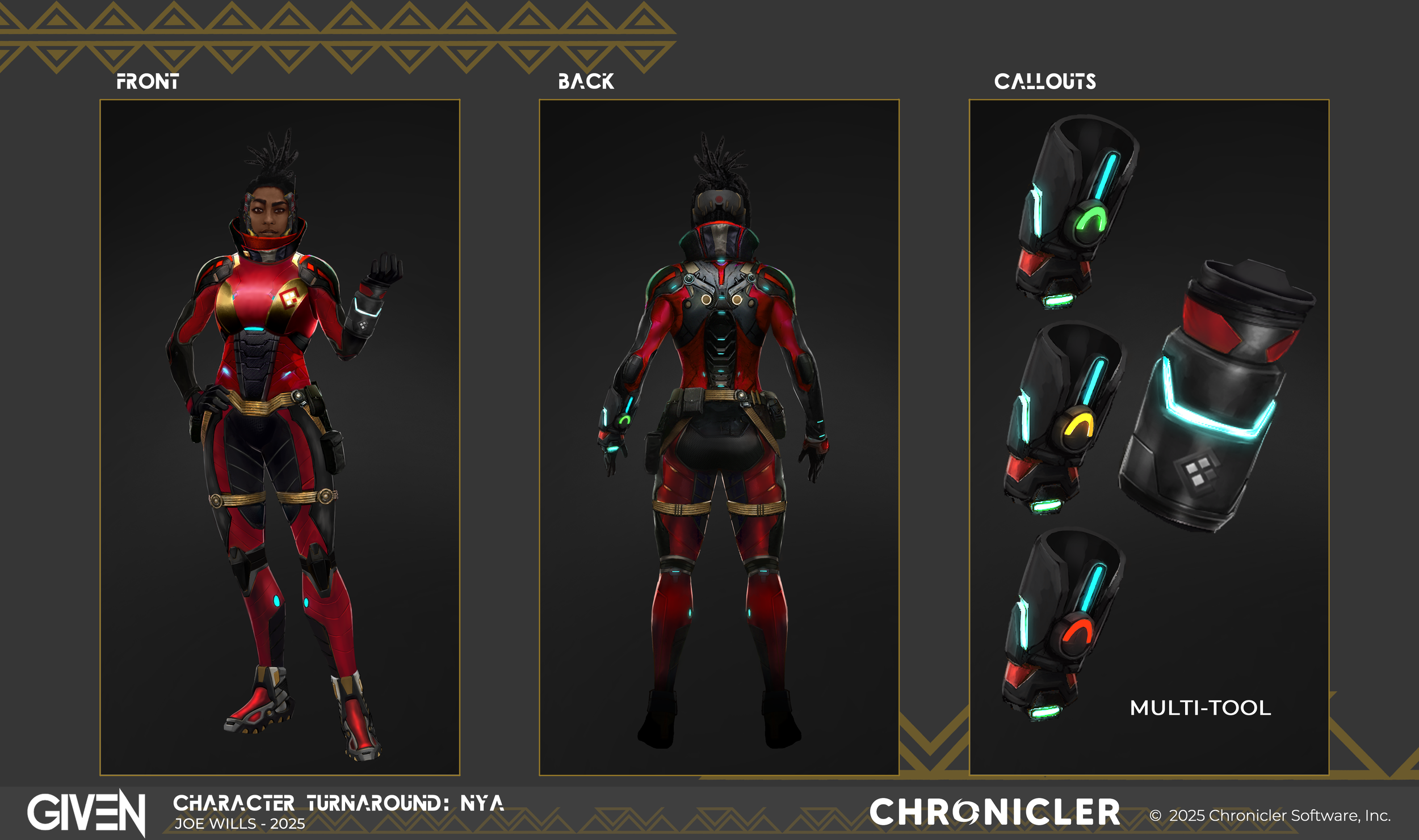 Character customization screen showing a female character in a futuristic red and black armor suit, front and back views, with accessories and multi-tools displayed on the right.