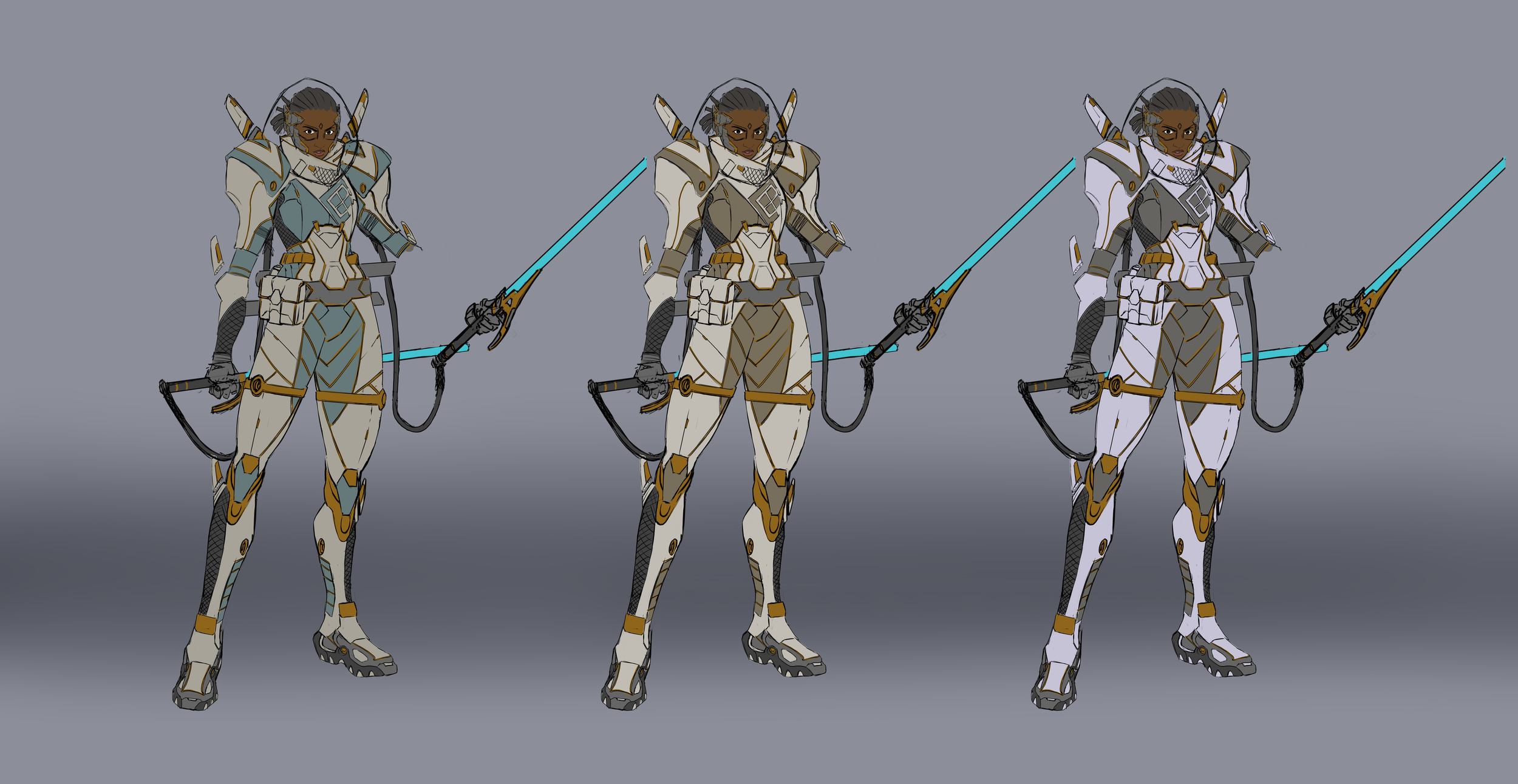 Three digital illustrations of a female character in futuristic armor, holding a glowing blue sword, with variations in suit color scheme, standing against a solid gray background.
