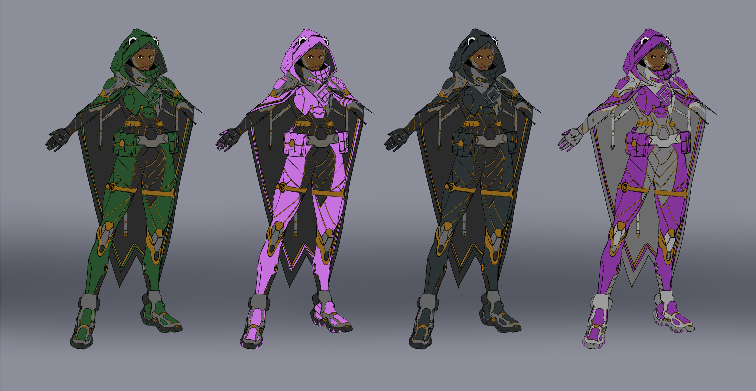 Four digital illustrations of a female character in futuristic armor, each wearing a different color scheme: green, pink, black, and purple, with a gray background.