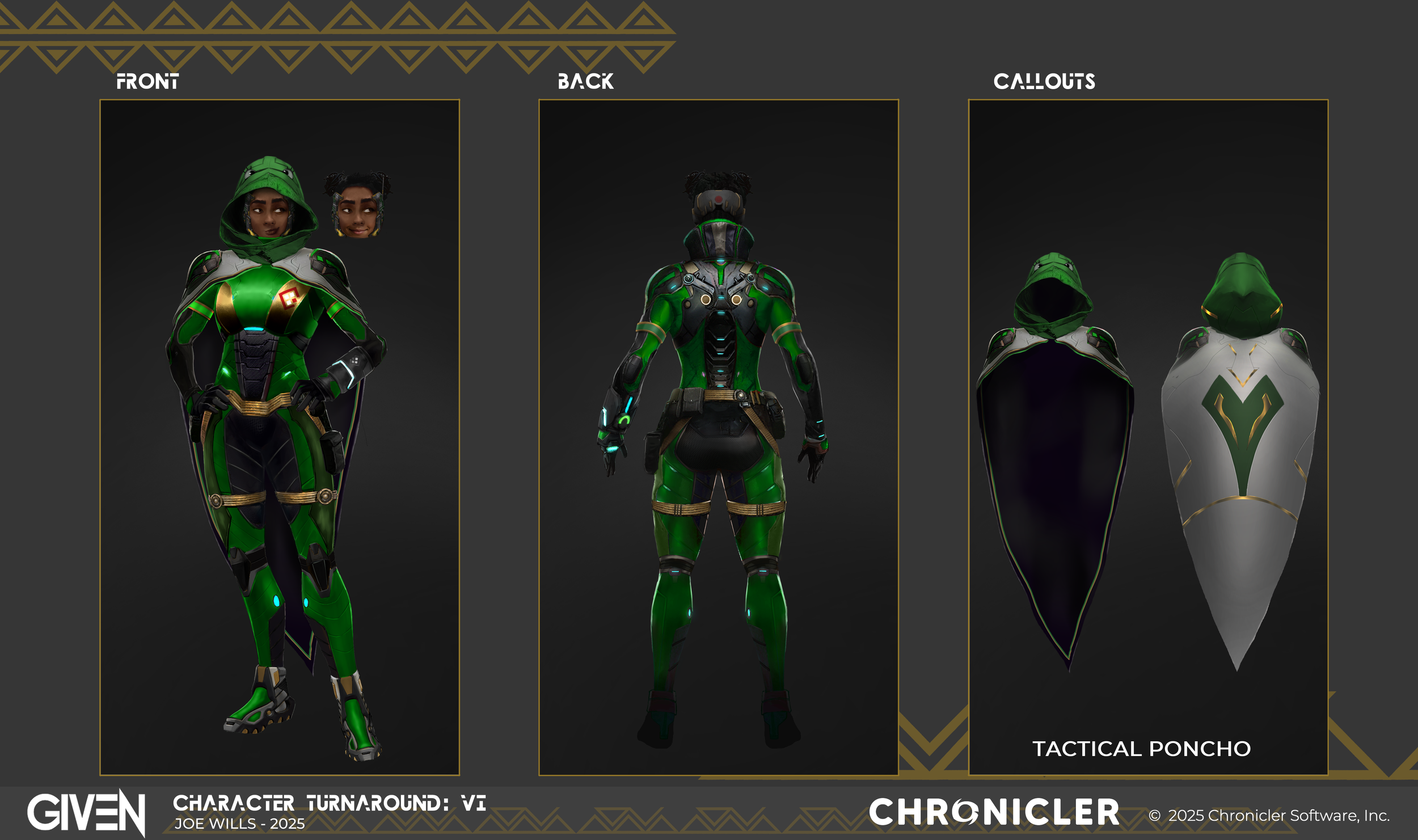 A character design sheet for a fictional character named Chronicler, showing three views: front, back, and callouts. The character is dressed in a futuristic, green and black tactical suit with glowing accents, wearing a tactical poncho, and has a ho