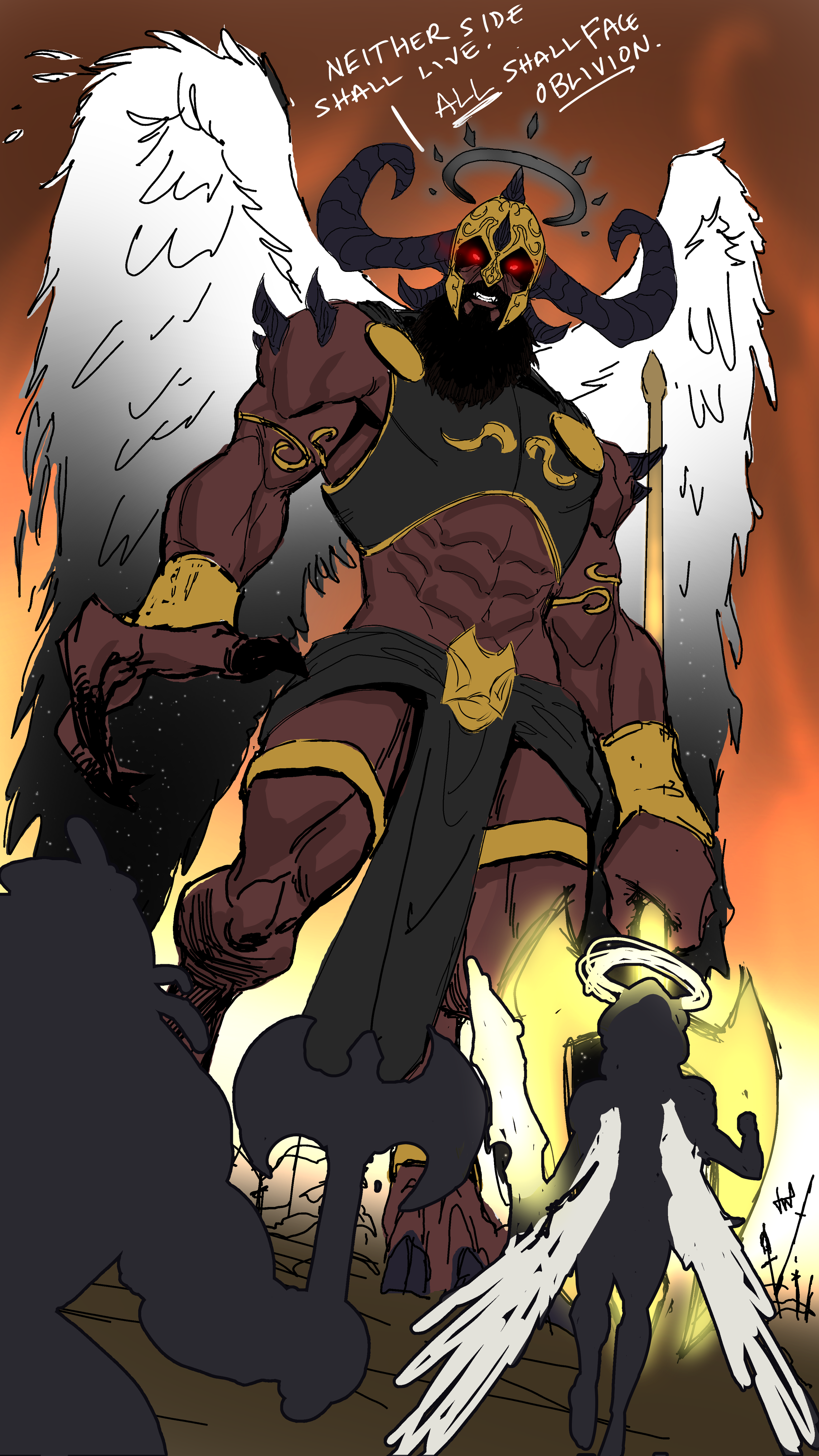 A warrior demon with a horned gold mask, glowing red eyes, large black horns, and dark wings stands in front of a fiery background. He has dark red skin, black hair, gold armor accents, and a black cloak. Several dark silhouettes of angels with white