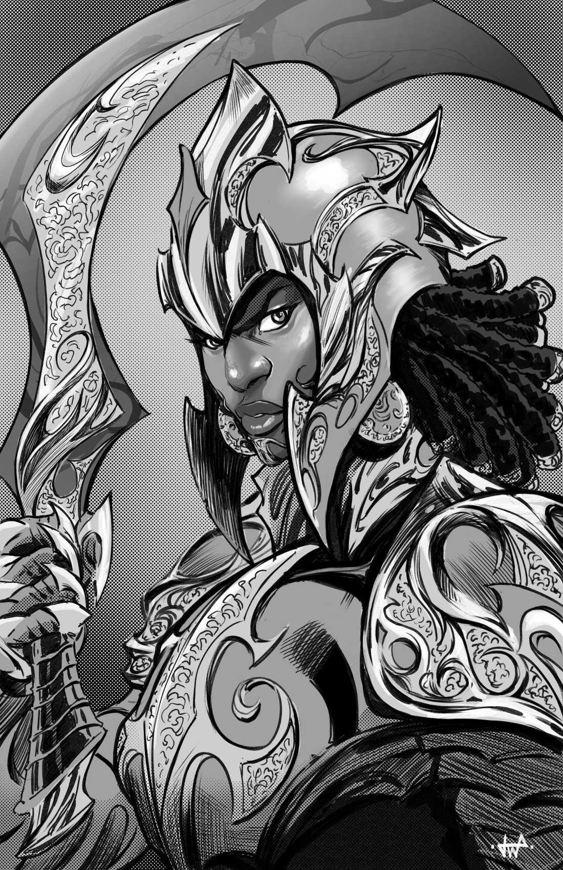 Black and white comic-style illustration of a fierce warrior woman with pointed ears and intricate armor, wielding a large weapon with ornate designs.