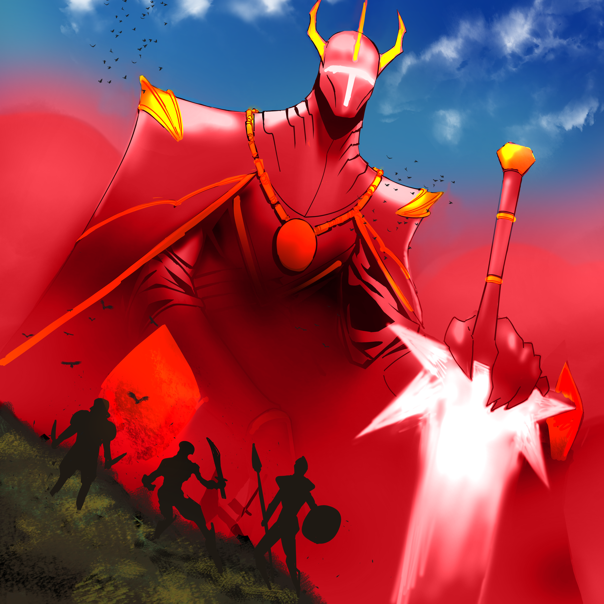A digital illustration of a large, red, dragon-like creature with yellow horns and armor, holding a staff, standing against a background of a blue sky with clouds and a flock of birds, with silhouettes of small human figures at the bottom.