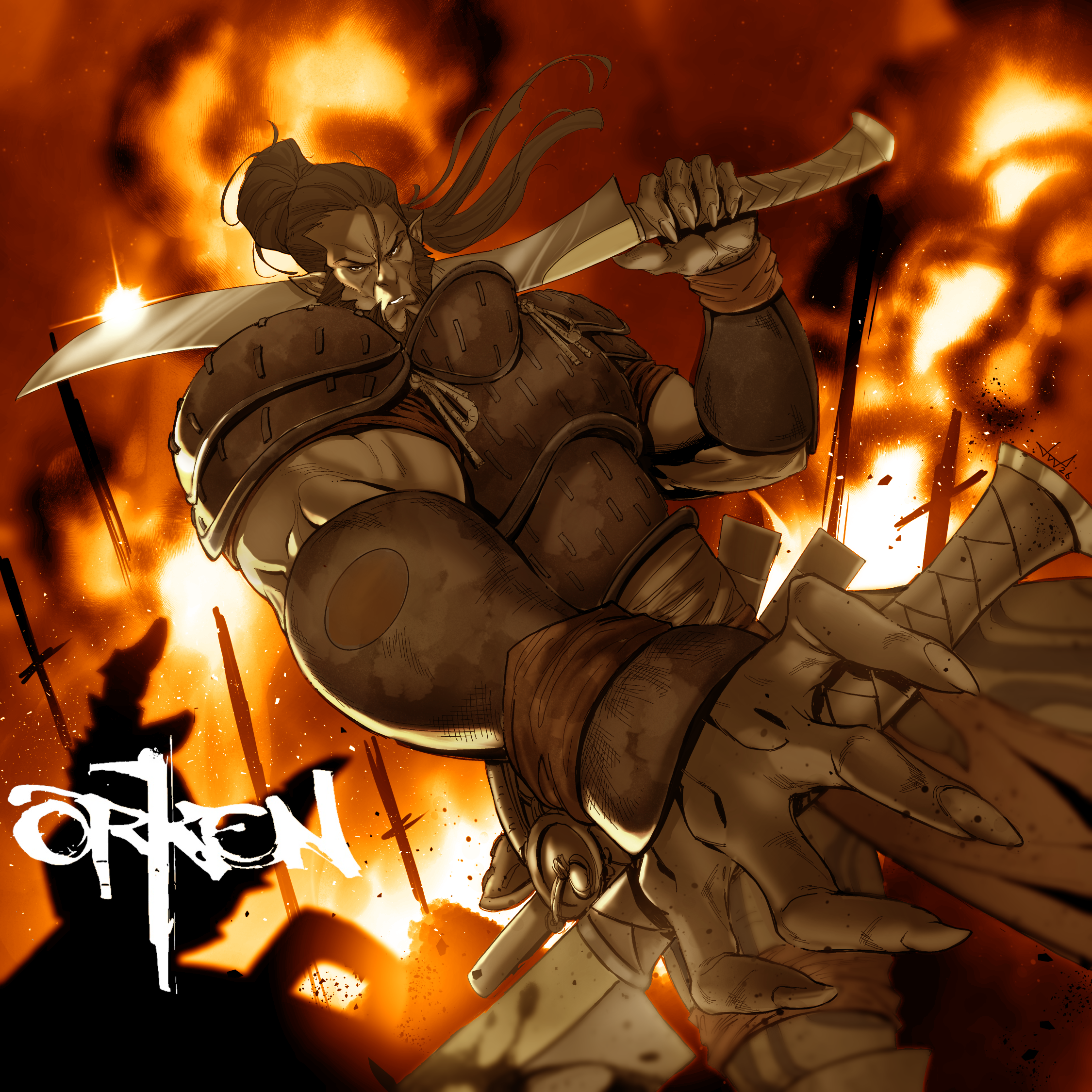 A fantasy illustration of a male warrior with long hair and pointed ears, wearing armor, wielding a sword, with an intense expression. The background features explosions and fire, giving a dramatic and fiery atmosphere.