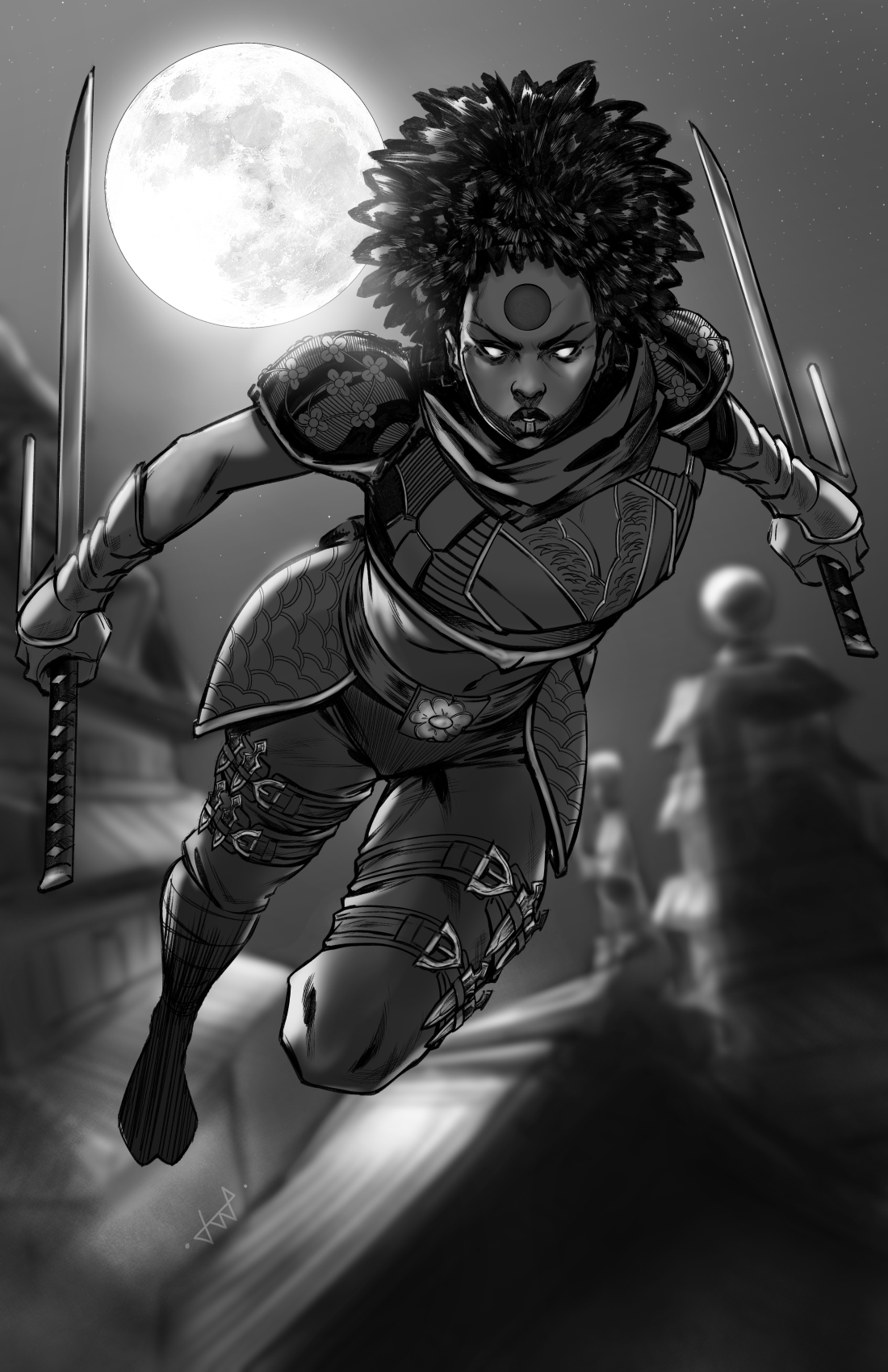 A black and white illustration of a fierce female warrior with wild hair, running with two swords, against a full moon and starry sky background.