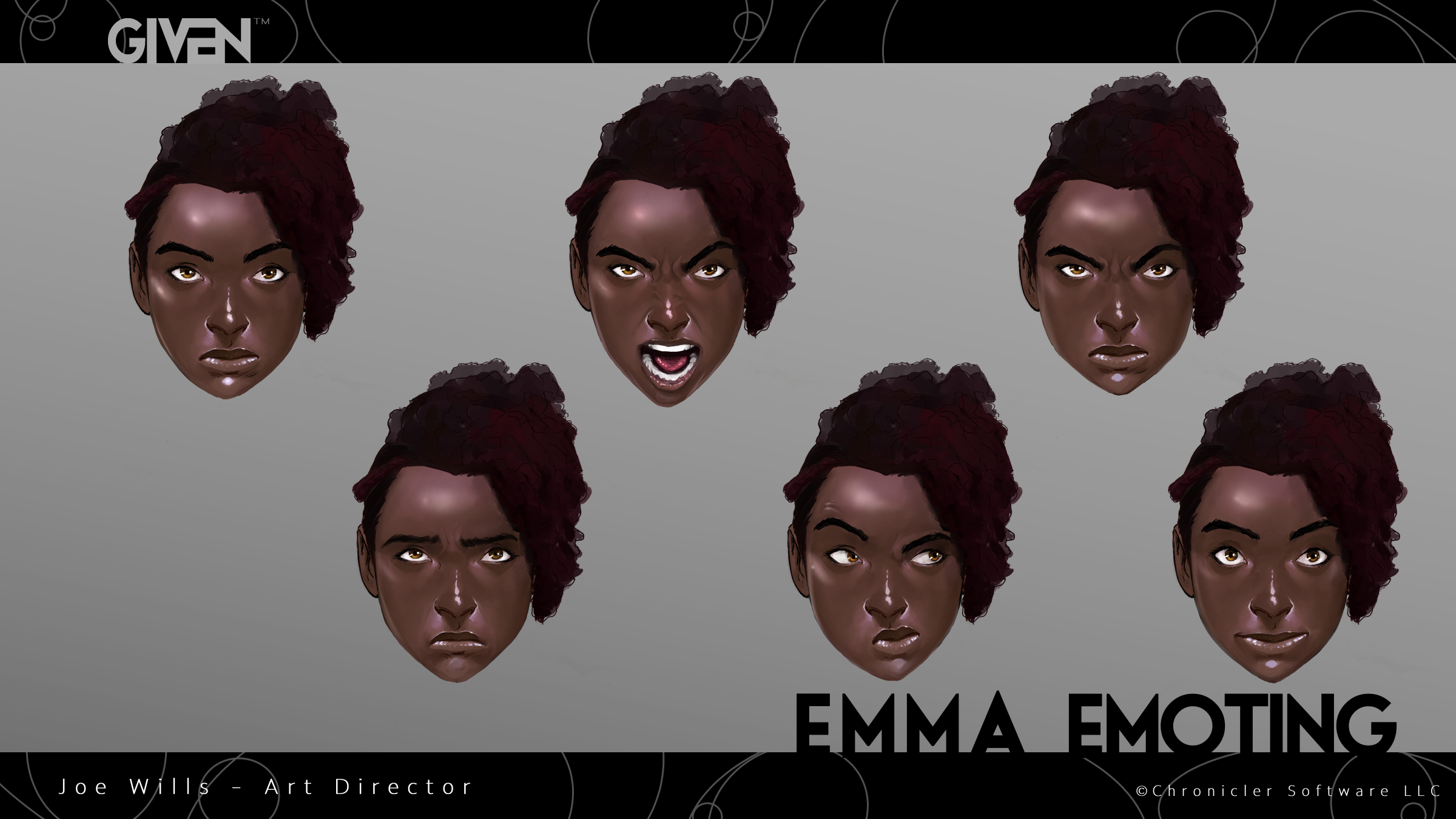 A grid of six digital illustrations of a woman showing various emotions, with the words 'EMMA EMOTING' at the bottom and 'GIVEN' logo at the top.