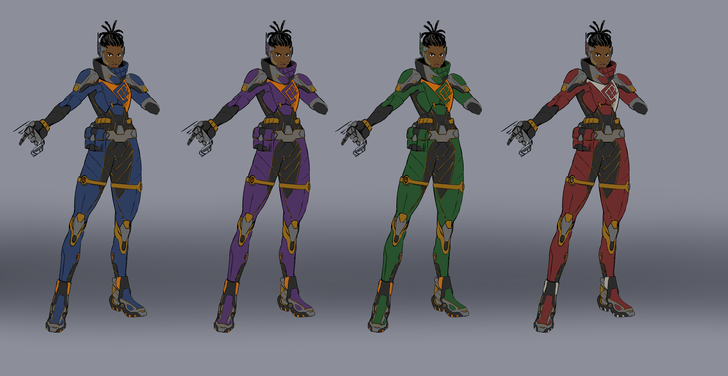 Drawing of a futuristic armored female warrior in four different color schemes: blue, purple, green, and red, standing with arms slightly out to the sides.