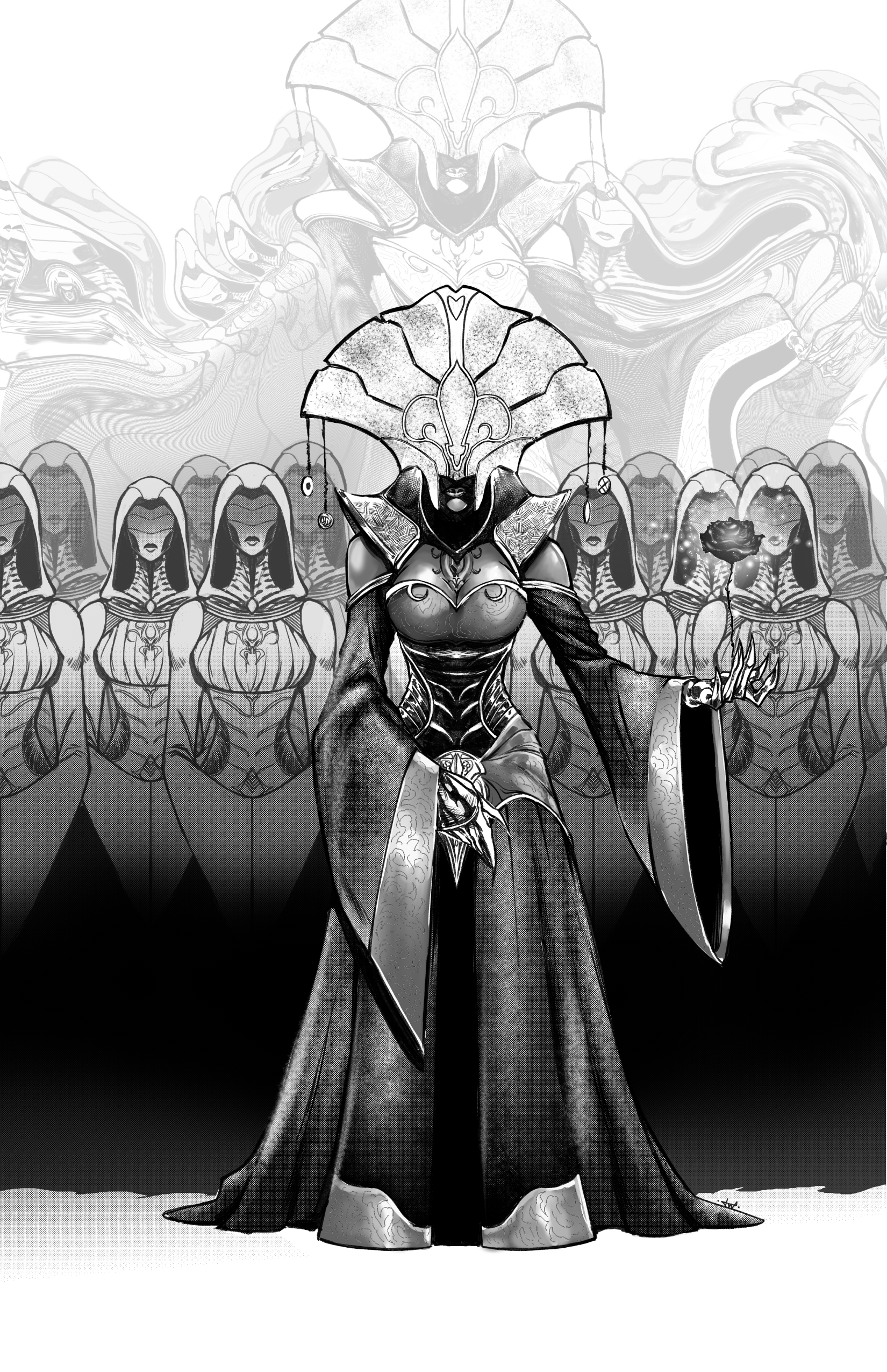 A black and white illustration of a regal woman wearing a large, ornate headdress and elaborate dress. She holds a scepter with a rose and is surrounded by women in identical veiled attire, standing in uniform formation.