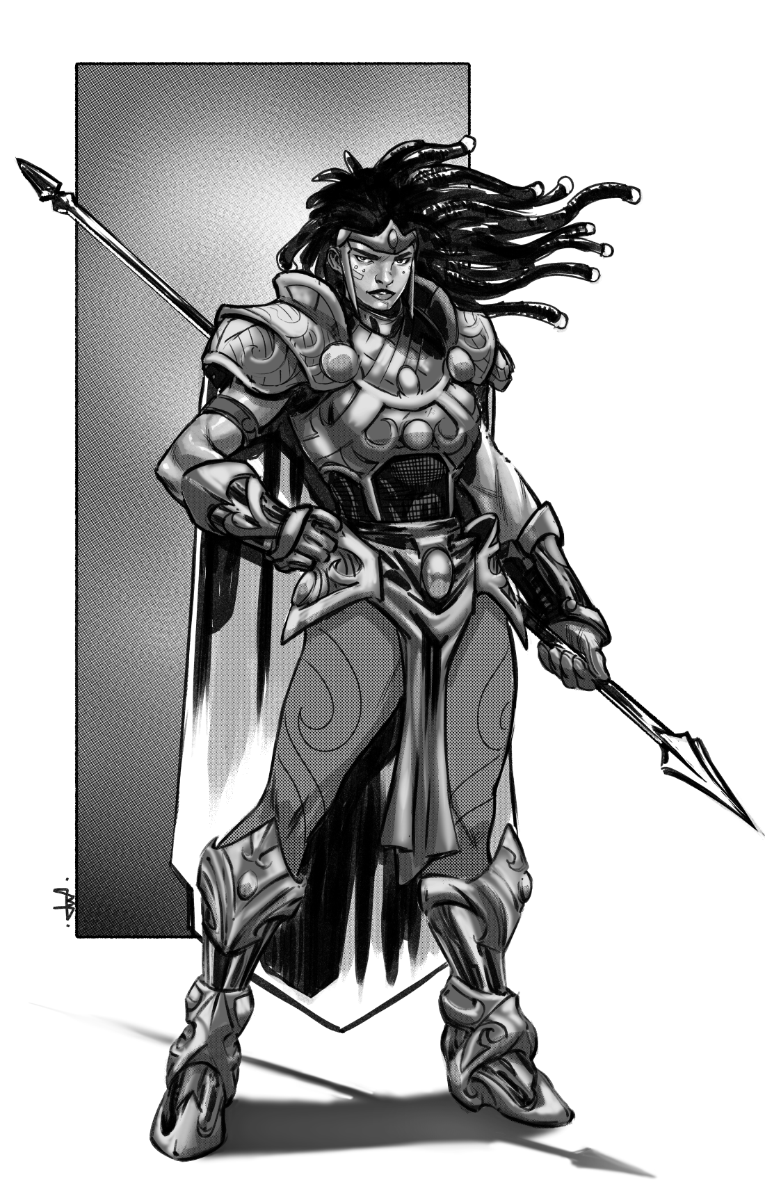Black and white illustration of a warrior woman in armor, holding a spear, standing confidently with long flowing hair, and a shield behind her.