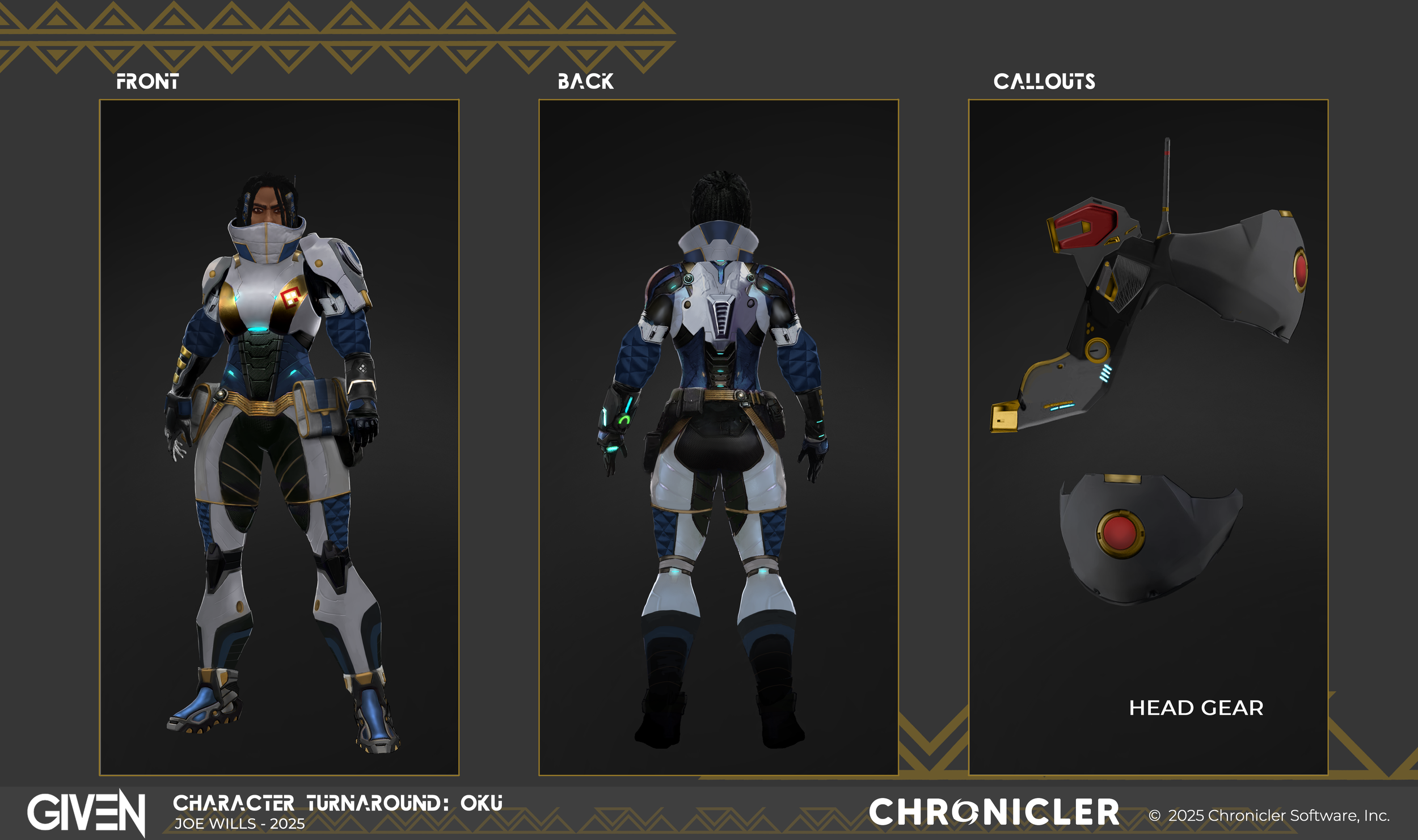 Video game character customization screen showing a character in futuristic armor from front and back views, with selectable headgear, labeled 'Given,' and designed by Joe Wills in 2025.