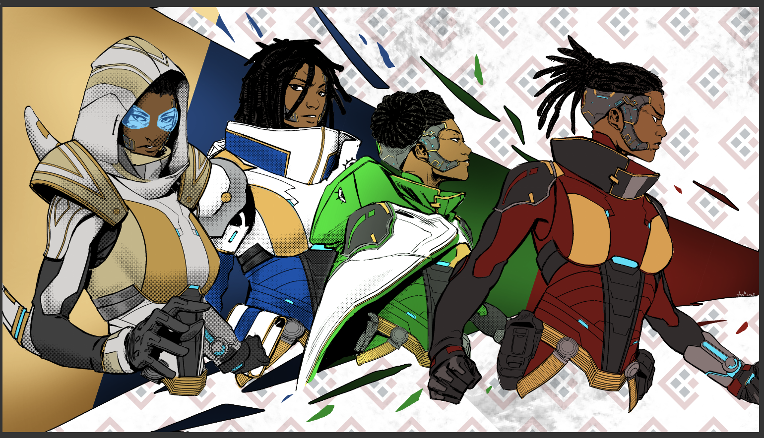 Four futuristic soldiers in armor standing in a line with various colors and designs, some with electronic visors or features, against a patterned background.