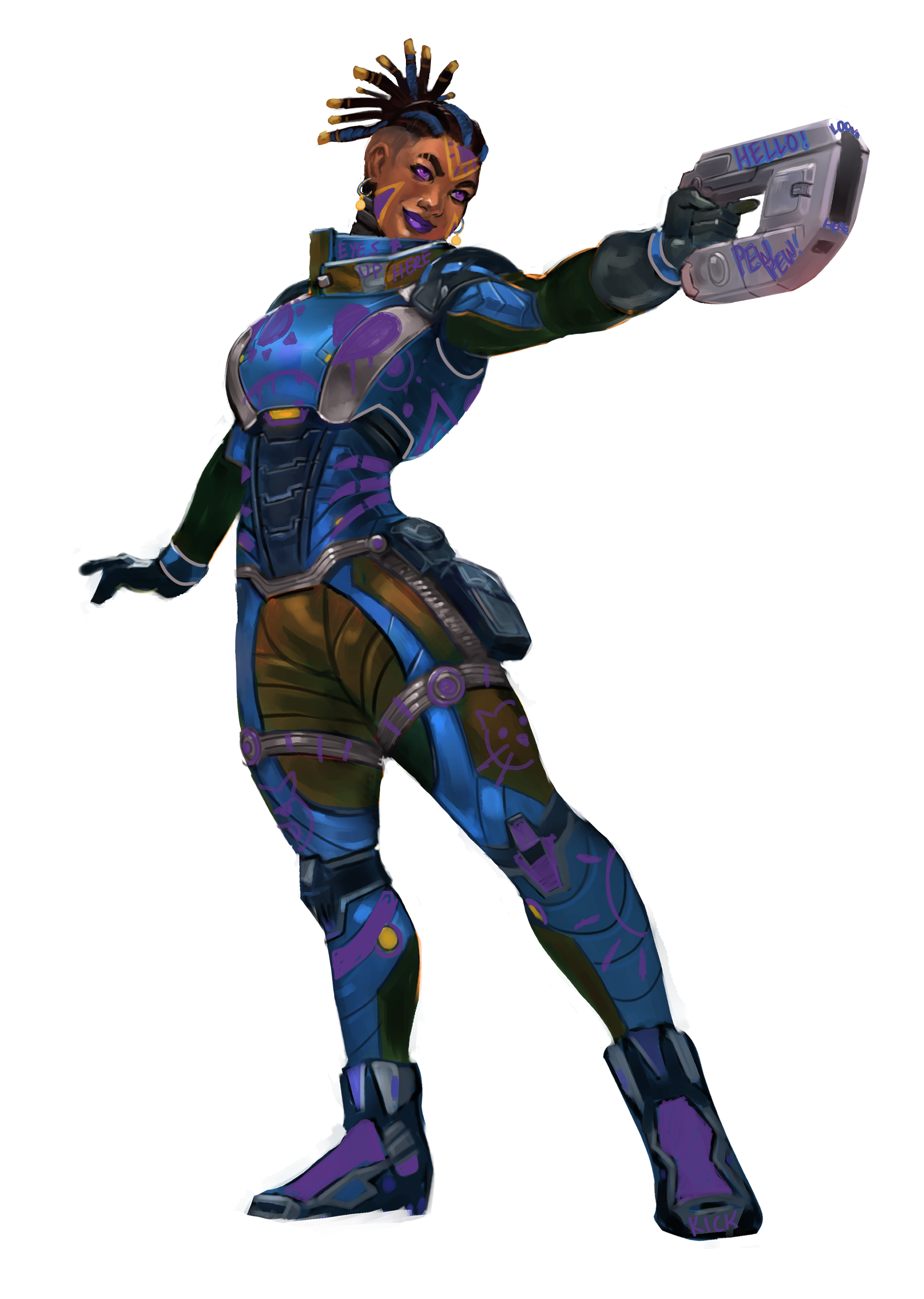 A female character in a futuristic, armored suit taking a selfie. The suit is decorated with purple, blue, and black patterns, including a cat face on the thigh. She has braided hair with blue accents, purple lipstick, and wears earrings. The charact