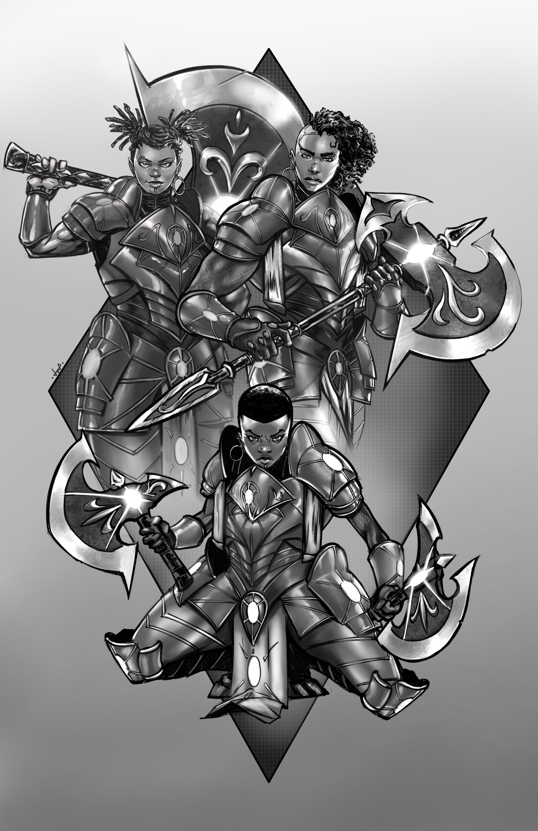 Black and white illustration of three fierce women in armor, holding weapons, with a decorative emblem in the background.