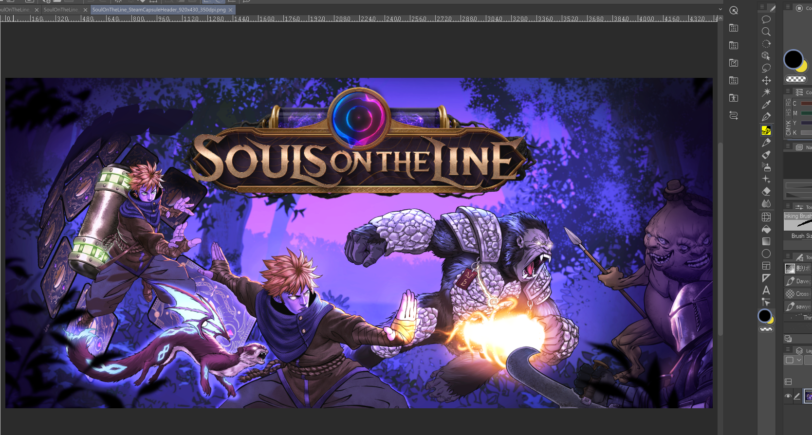 Artwork for the video game "Souls on the Line" featuring a fantasy forest scene with characters: two young sorcerers casting spells, a large armored beast with claws and glowing eyes, and a dark armored warrior holding a spear. The scene is illuminat