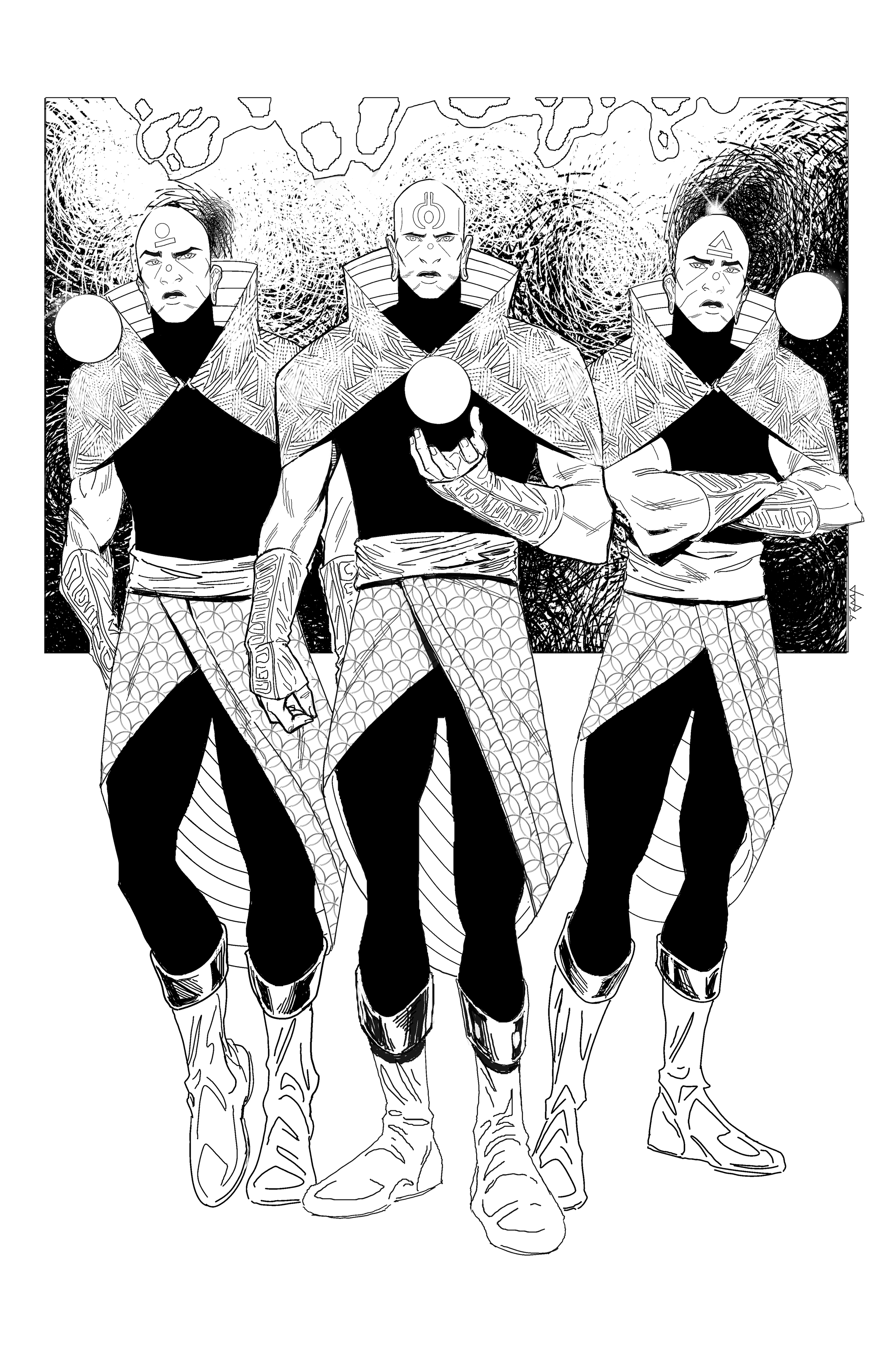 Black and white line drawing of three futuristic soldiers standing side by side in armor, with a background of swirling cosmic patterns.