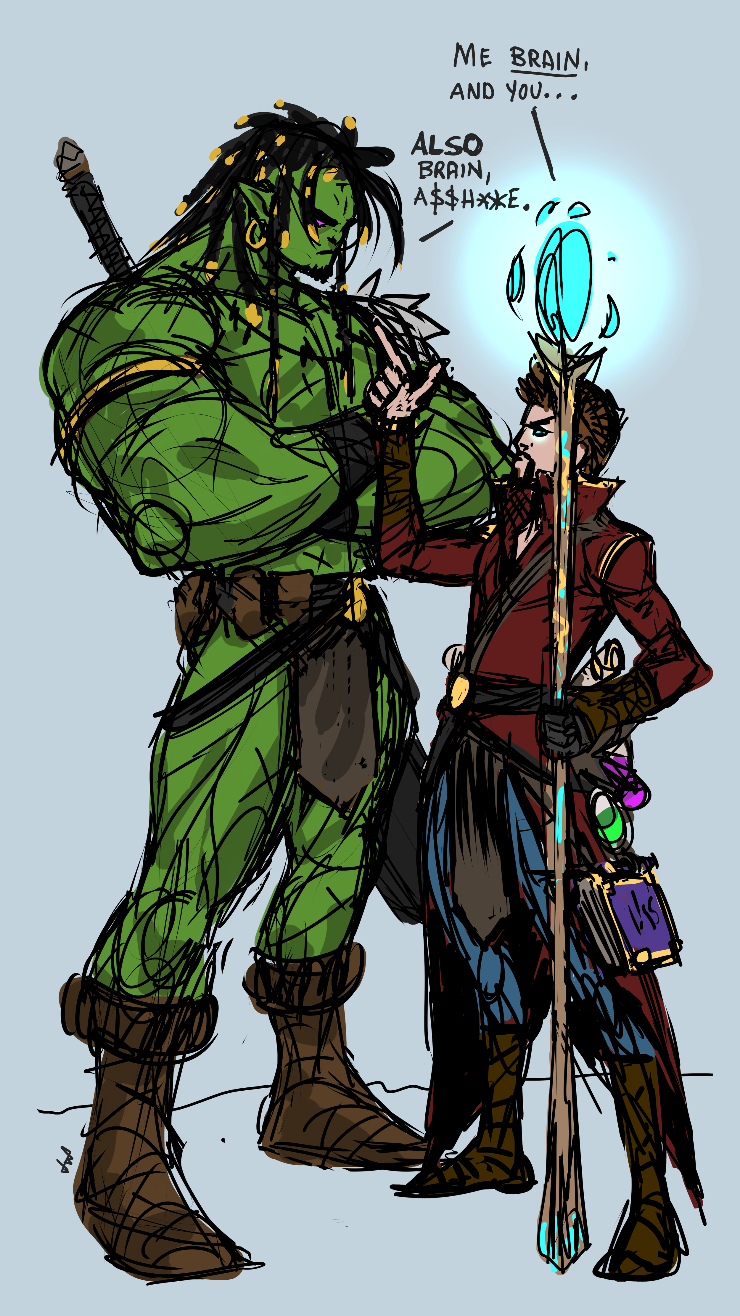 A colorful digital drawing of two fantasy characters, an orc and a wizard, standing close together. The orc is large, green, dressed in green attire, with a sword on his back. The wizard is smaller, wearing a red and black robe with various bags and 