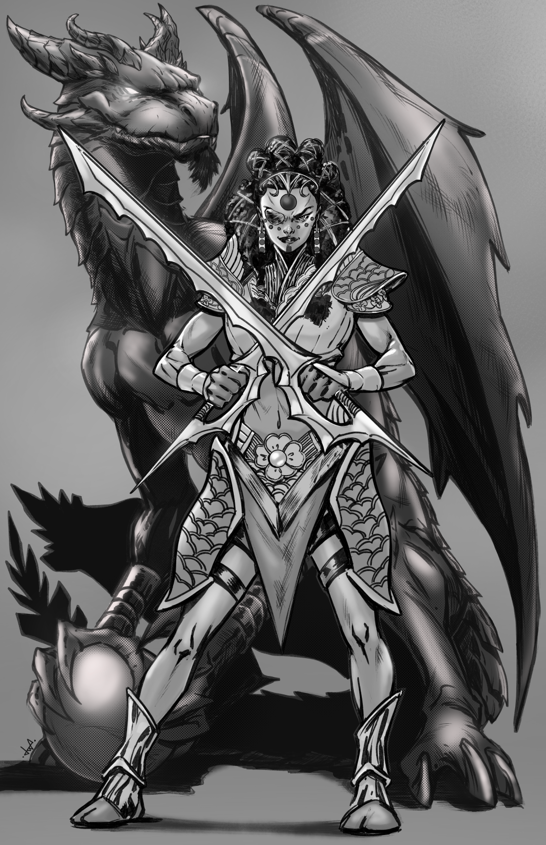 Fantasy illustration of a humanoid dragon warrior with ornate armor, holding two large crossed swords, and a dragon head in the background, in black and white.