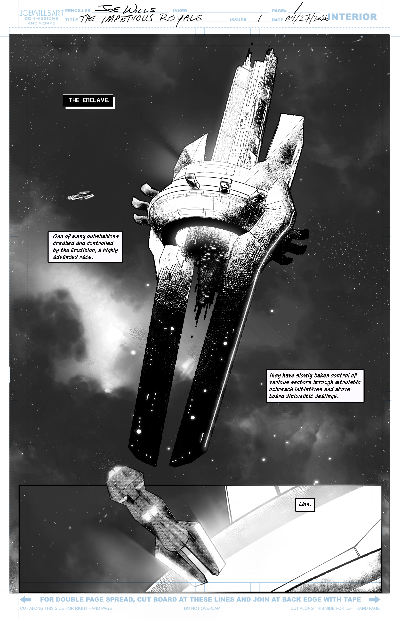 A black and white sci-fi comic panel depicting a large spaceship or space station in space with stars in the background. The structure has a cylindrical central part with protruding sections, and there are dialogue and narration boxes describing the 