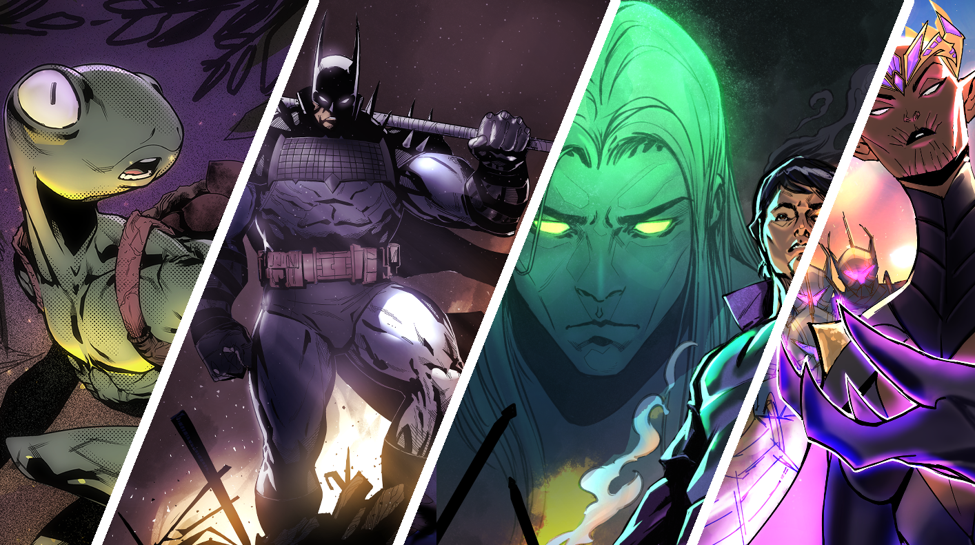 A collage of comic book characters including a dinosaur-like creature, Batman, a woman with glowing green eyes, a woman with short dark hair, and a large armored figure with glowing purple accents.