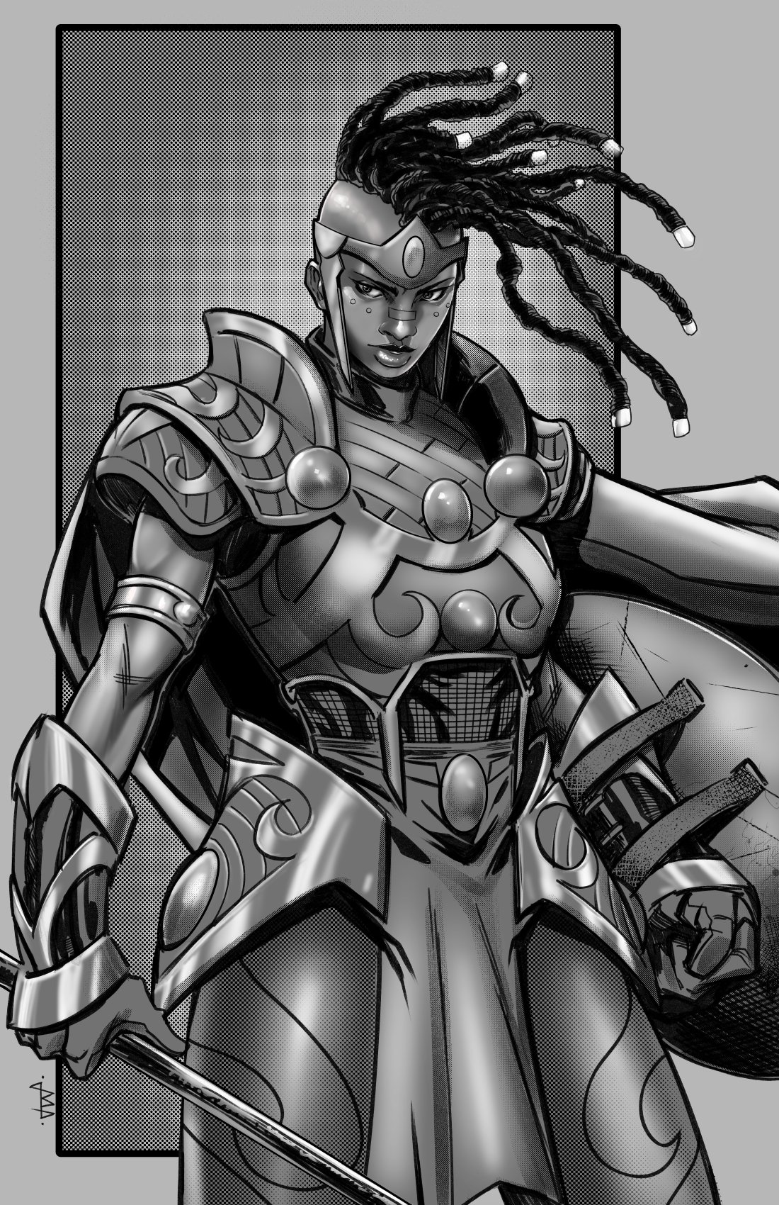 Black and white digital illustration of a fierce female warrior in detailed armor with braided hair, holding a sword, and wearing a crown or headpiece.