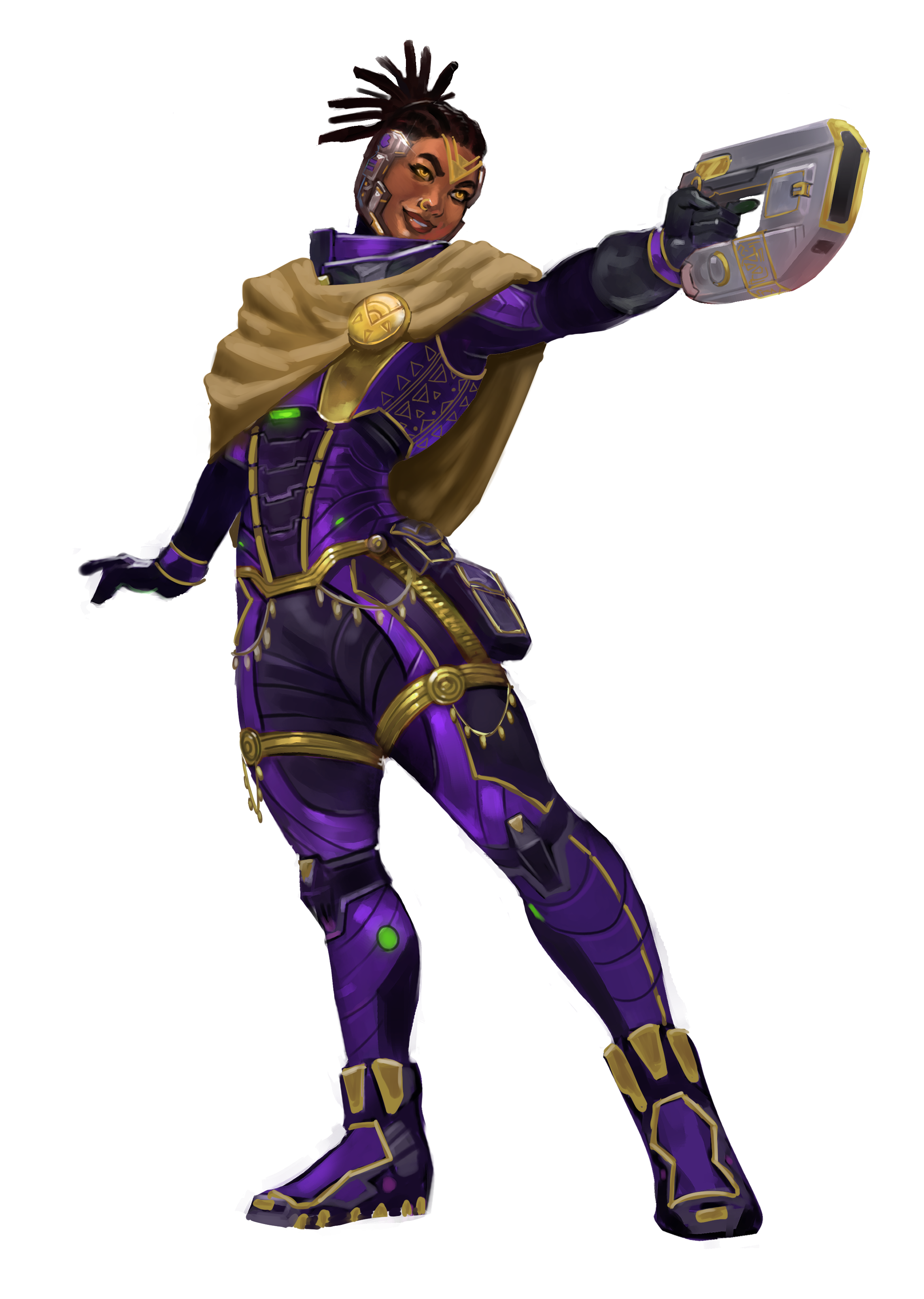 A female character from the video game Overwatch wearing purple and gold armor, with a cape and high-tech gear, holding a large gun, and smiling.