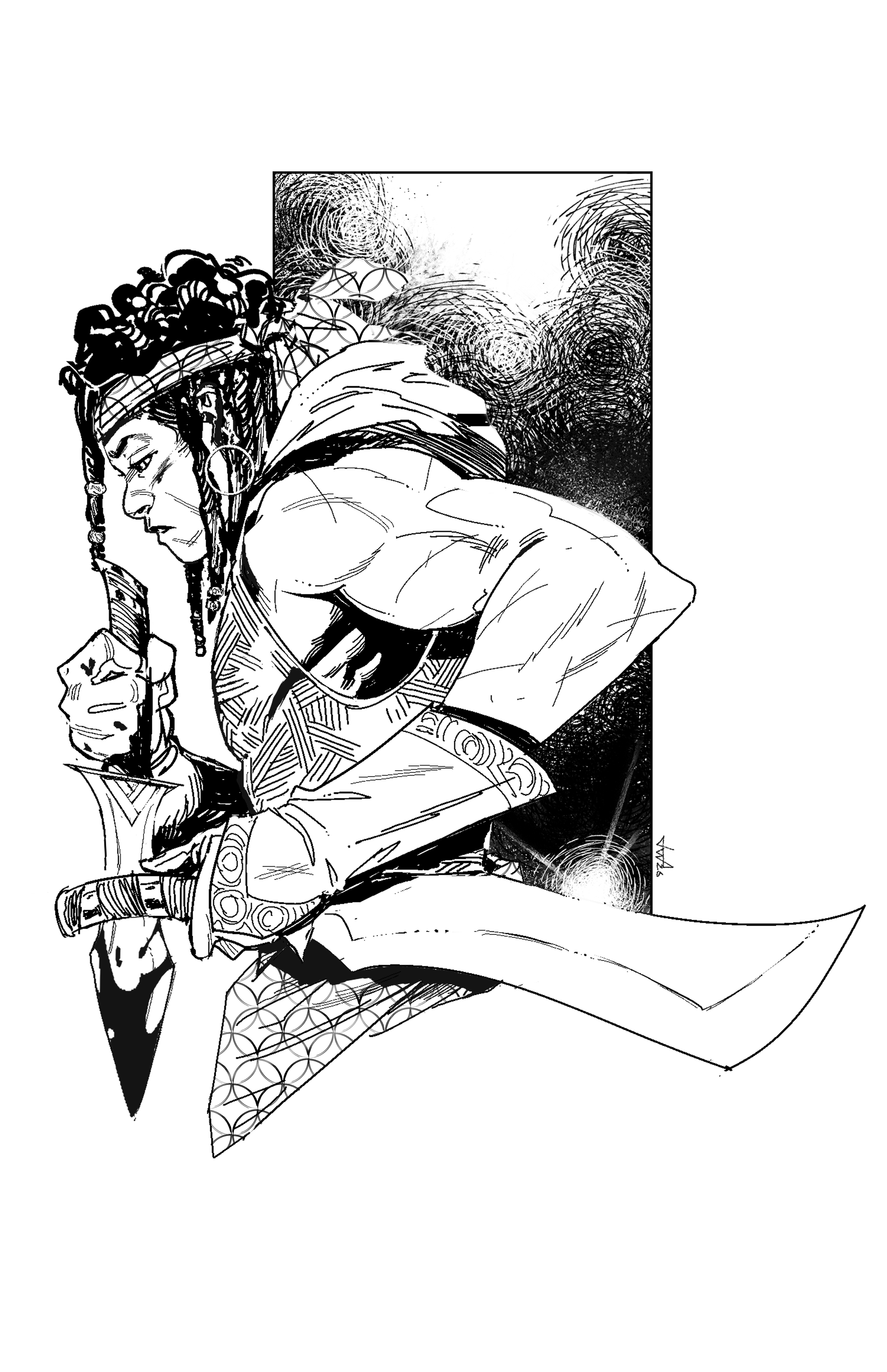 Black and white illustration of a woman with braided hair, wearing a hooded cape, holding a sword with a patterned grip. She is looking down, and the background has swirling, circular designs.